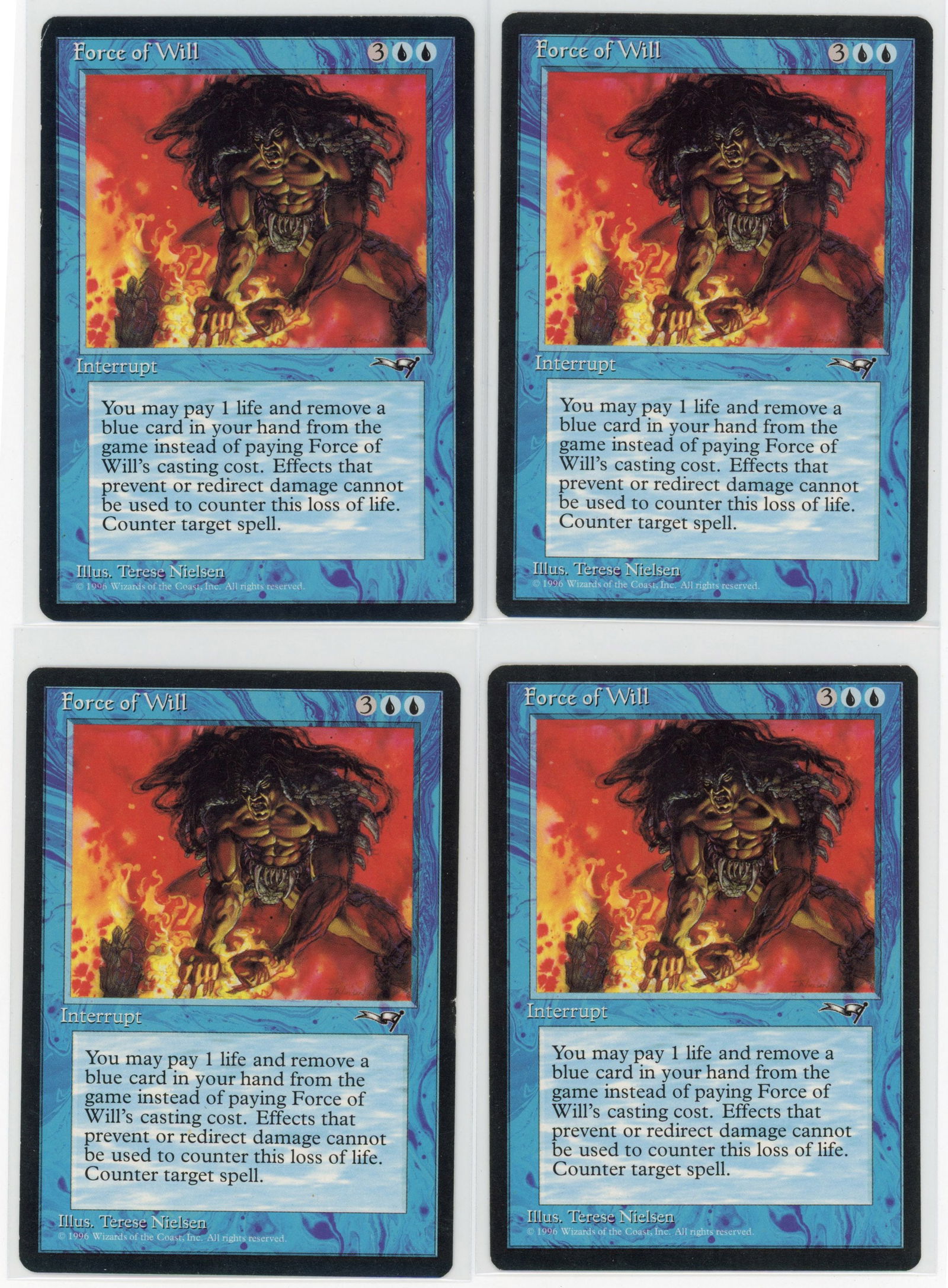 Playset of Force of Will - Alliances (GD/EX): This lot features x4 copies of Force of Will from Alliances in Good to Excellent condition.