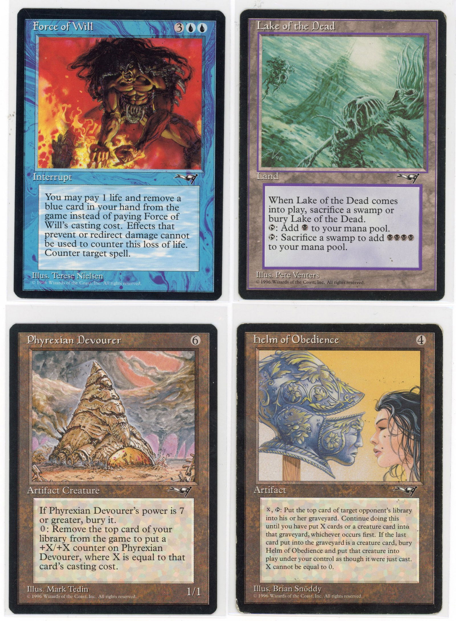 Alliances Partially Completed Set: A partially completed set of Alliances. Majority of cards in Light Play (LP), Good (GD) and Excellent (EX) condition.Highlights include: Force of Will (NM), Lake of the Dead (LP), Helm of Obedience