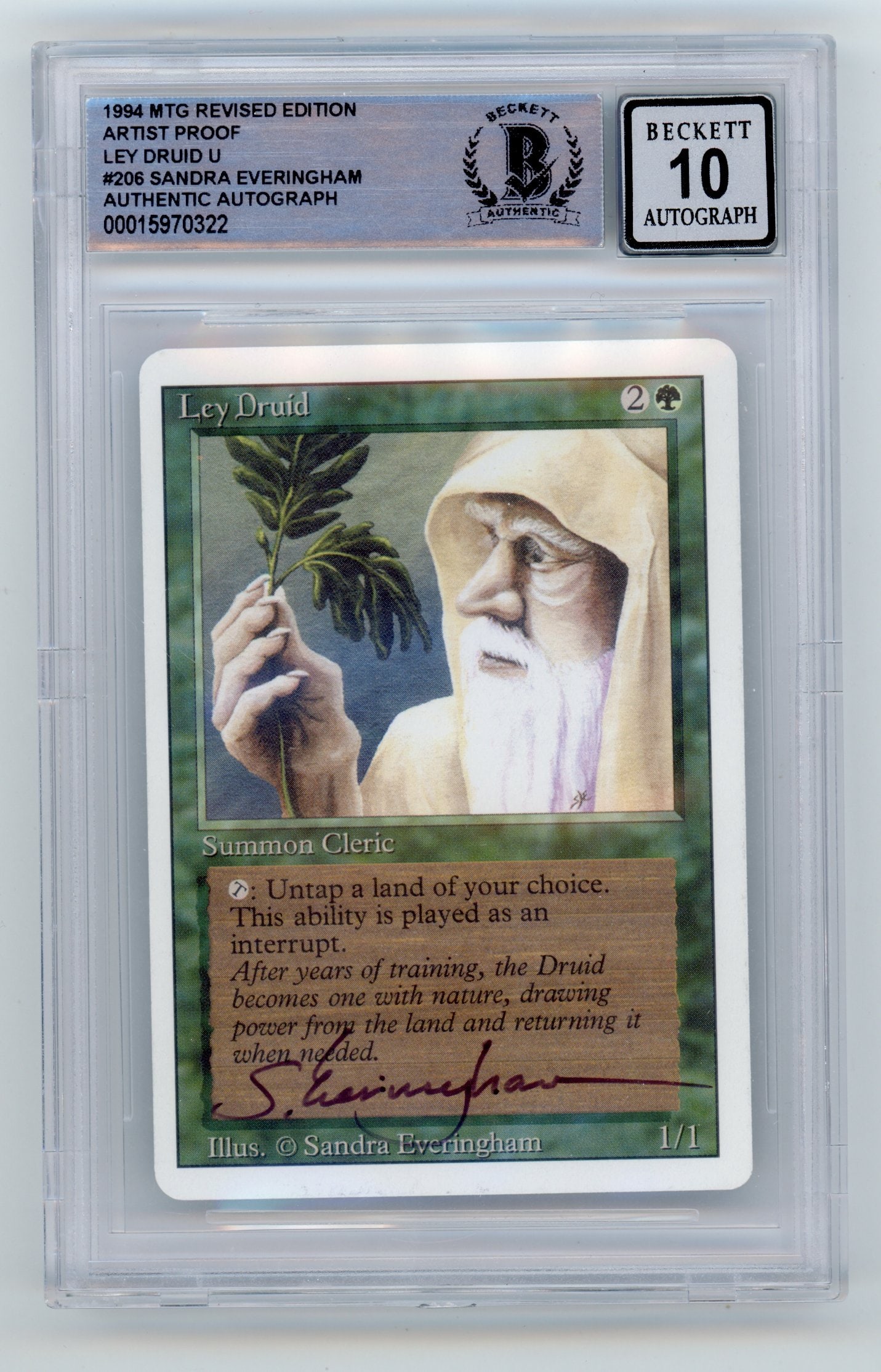 BGS Auto 10 Ley Druid Artist Proof with Sketch/Signature: This BGS graded Revised Ley Druid Artist Proof has an autograph grade of 10. The blank rear of the card has a pencil sketch of the same artwork by the card's artist Sandra Everingham. The detail on th