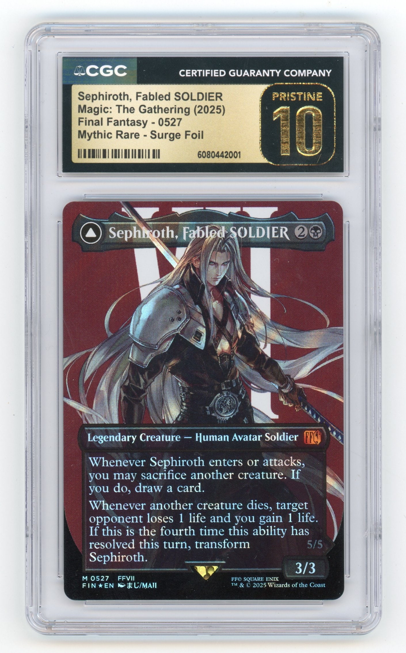 CGC PRISTINE 10 Sephiroth, Fabled SOLDIER Surge Foil - Final Fantasy 2025: Sephiroth, Fabled SOLDIER Surge Foil from the Final Fantasy set, graded by CGC and scoring an incredible PRISTINE 10.