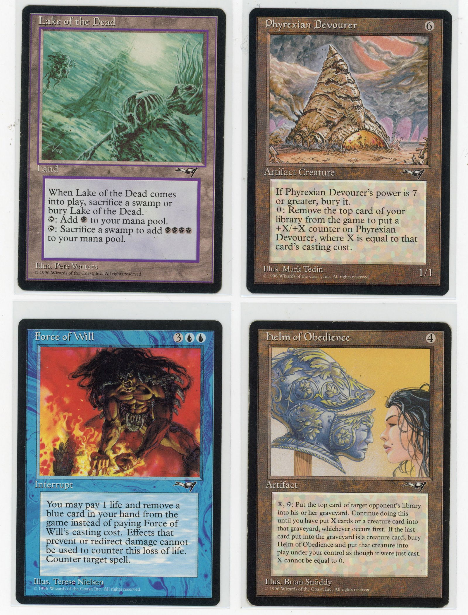 Alliances Complete Set: A complete set of Alliances. Majority of cards in Light Play (LP), Good (GD) and Excellent (EX) condition.Highlights include: Force of Will (EX), Helm of Obedience (LP), Lake of the Dead (LP),