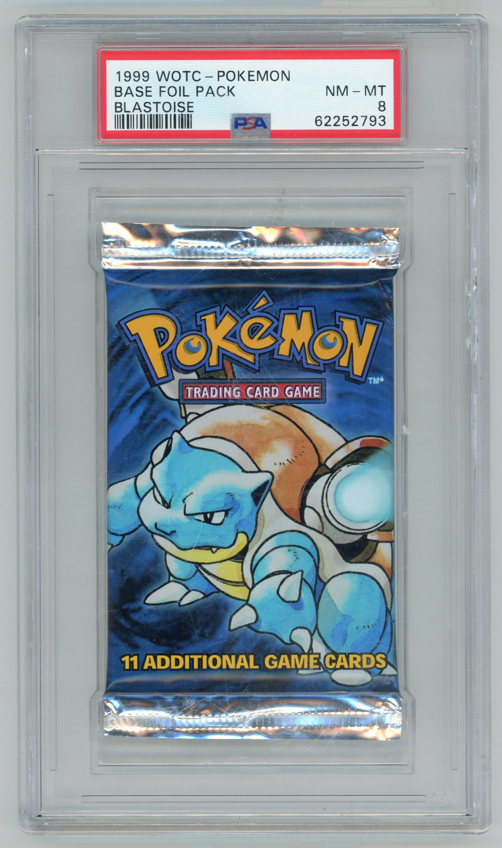 PSA 9 Base Set Foil Pack (Blastoise) Booster SEALED: This Base Set foil pack features the Blastoise artwork. It has been graded and authenticated in by PSA, scoring a Near Mint to Mint 8.