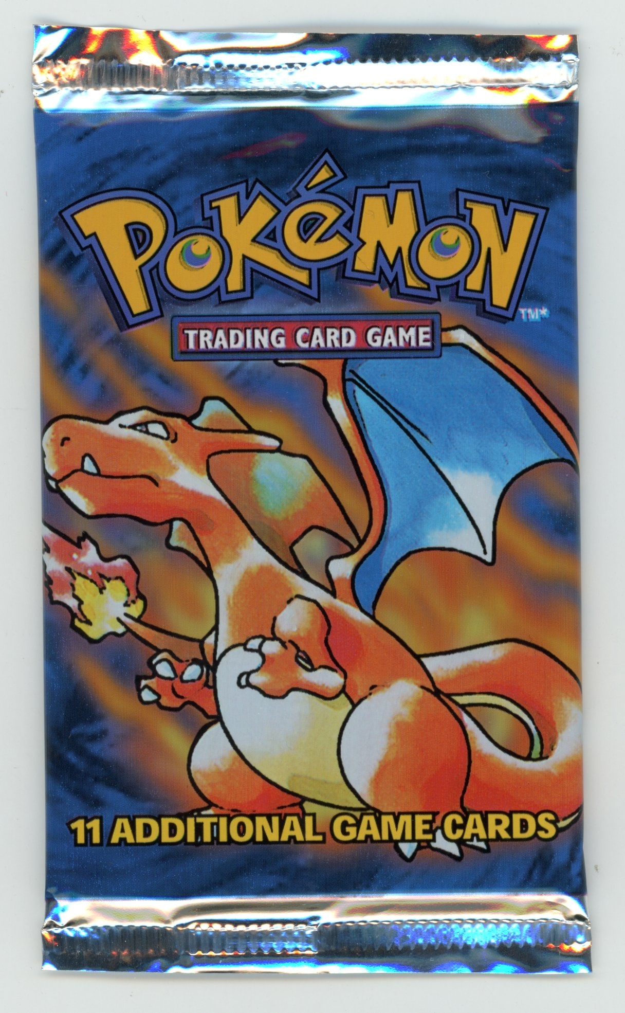Base Set Booster Pack (Charizard) - Unweighed: This Base Set booster pack features the Charizard artwork. It is in excellent condition and has not been weighed, with no obvious signs of wear or aging.