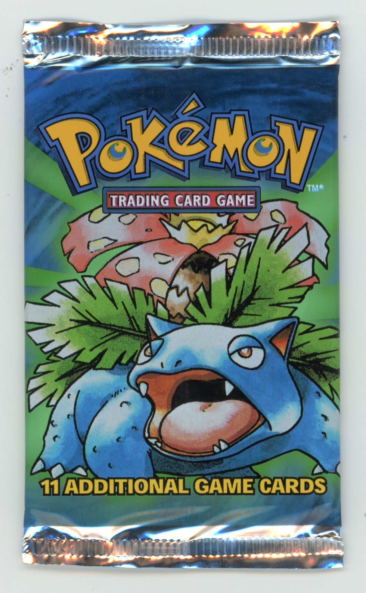 Base Set Booster Pack (Venusaur) - Unweighed: This Base Set booster pack features the Venusaur artwork. It is in excellent condition and has not been weighed, with no obvious signs of wear or aging.
