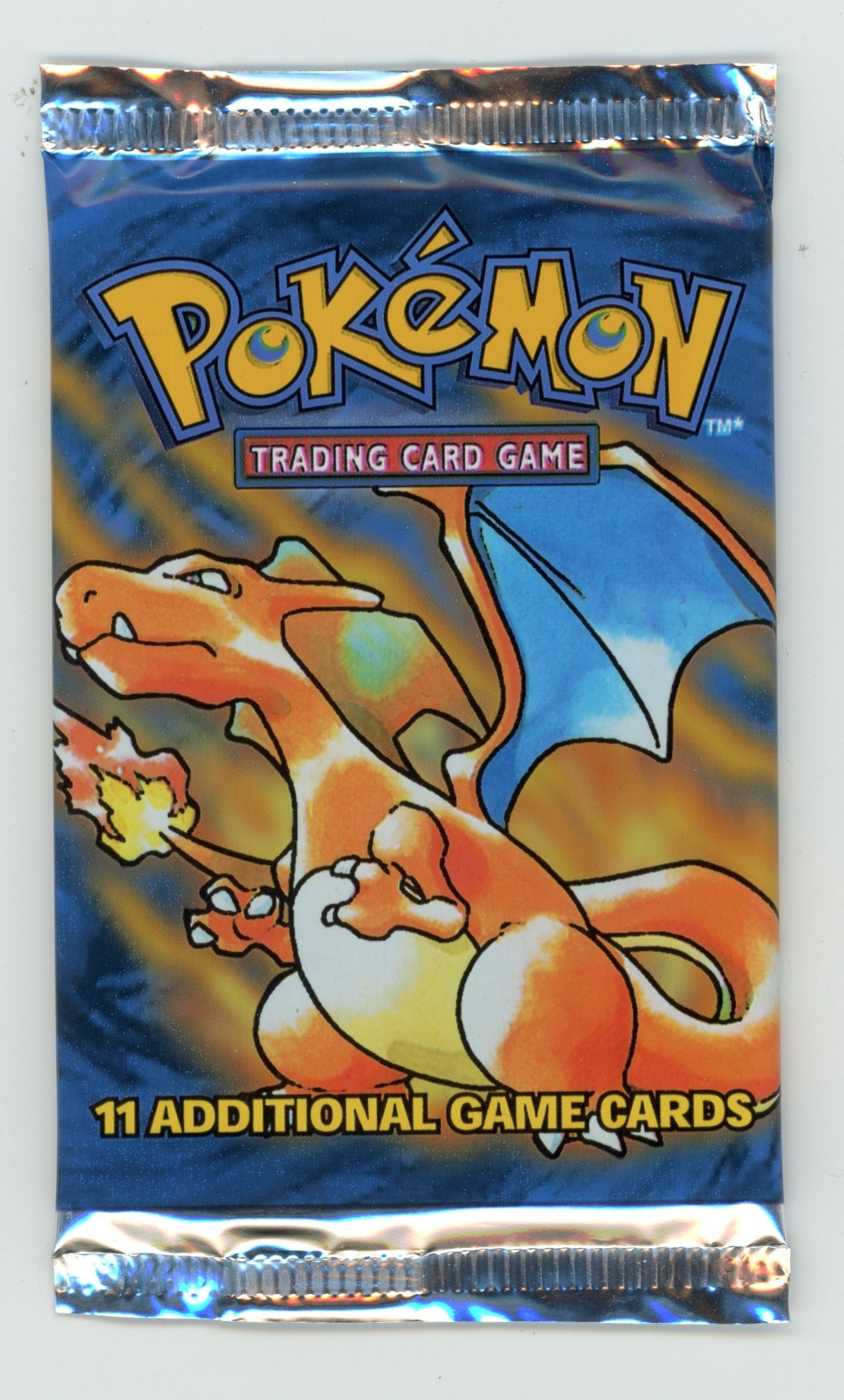 Base Set Booster Pack (Charizard) - Unweighed: This Base Set booster pack features the Charizard artwork. It is in excellent condition and has not been weighed, with no obvious signs of wear or aging.