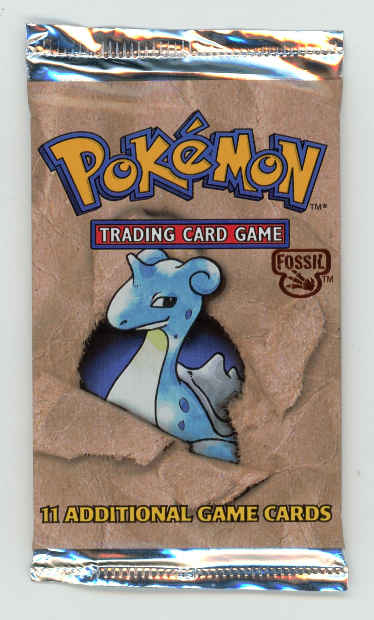Fossil Booster Pack (Lapras) - Unweighed: This Fossil booster pack features the Lapras artwork. It is in excellent condition and has not been weighed, with no obvious signs of wear or aging.