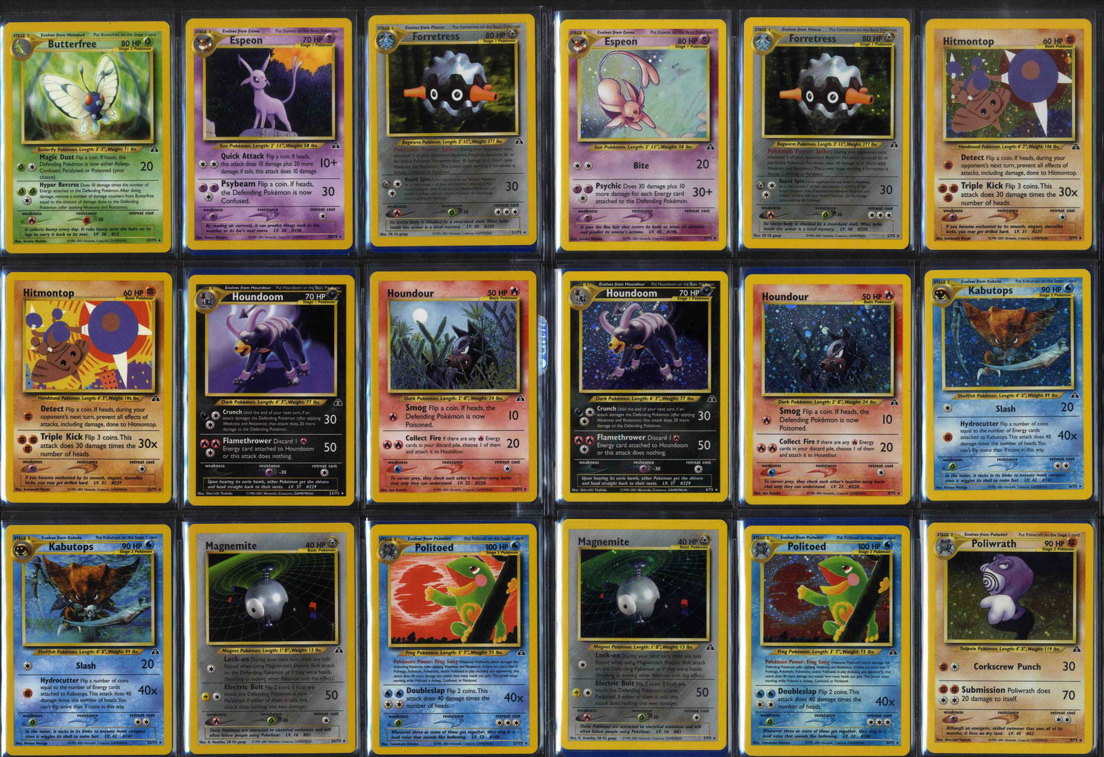 Complete Neo Discovery Set - 75/75 - Unlimited: What do you get:A complete Neo Discovery expansion. A full unlimited set featuring all holos, rares, uncommon and common cards. All cards are in Excellent or Near Mint condition. The cards are in set
