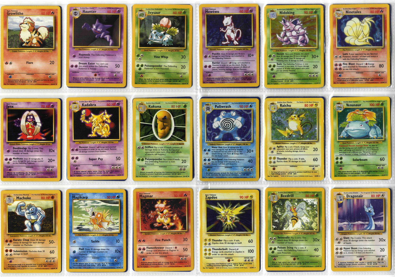 Base Set (1999) - Complete Set: This lot features a complete Base Set, Pokemon's original set of 102 cards.All x16 holos are present, with the Blastoise in HP, Charizard in MP, and Venusaur in MP+/LP. This collection has a wide rang