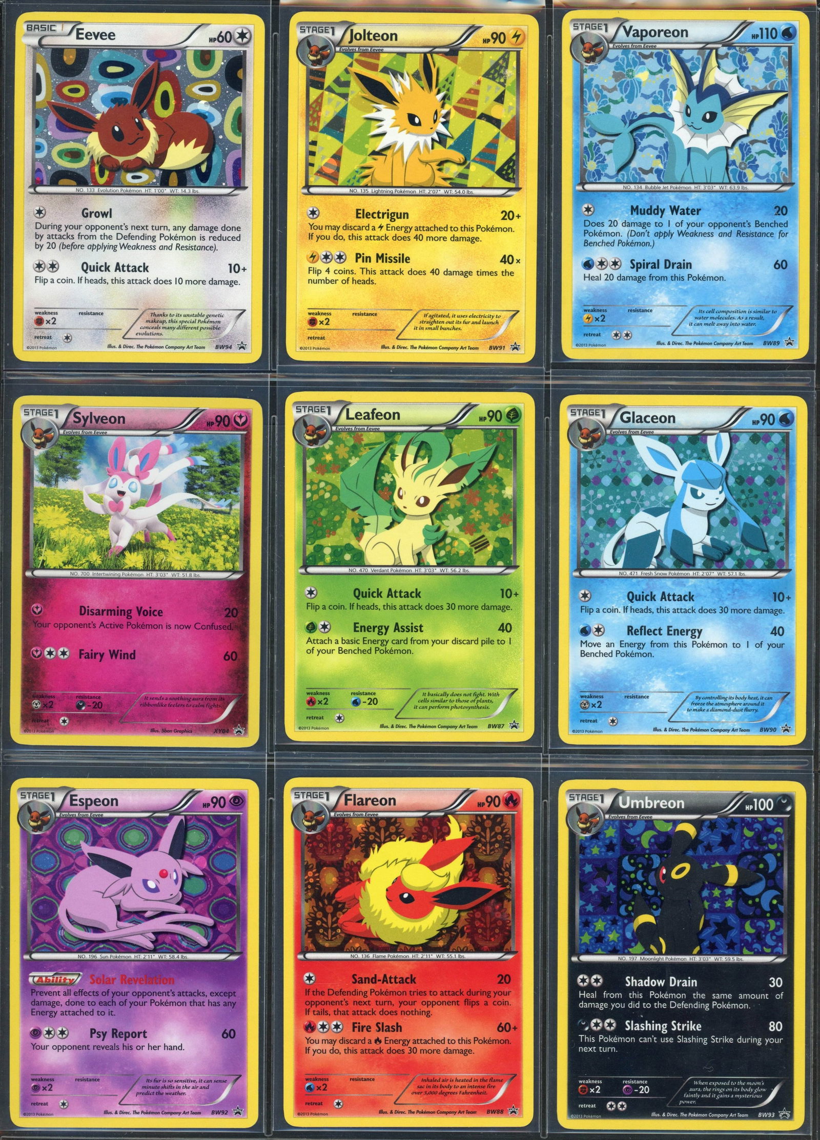 Sylveon Collection Eevee Evolutions Promo Set Black & White 2013 9/9: This lot features all 9 of the Black Star Promo cards from the extremely rare Sylveon Collection product. These cards are exclusive to the set, and as such are highly coveted by collectors.The conditi
