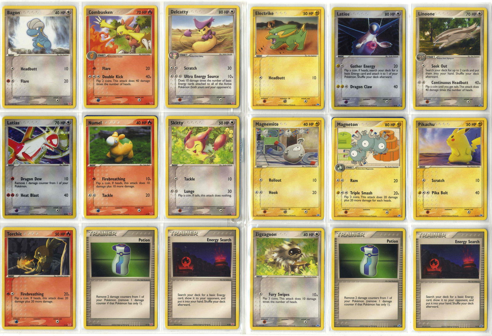 Ex Trainer Kit Latios + Latias Complete Sets 20/20 (2004): This lot features both Ex Trainer Kit mini decks: Latios 10/10 and Latias 10/10 in NM condition, for a total of 20 cards.The set comes stored in soft sleeves and Ultra Pro 9 pocket binder pages.