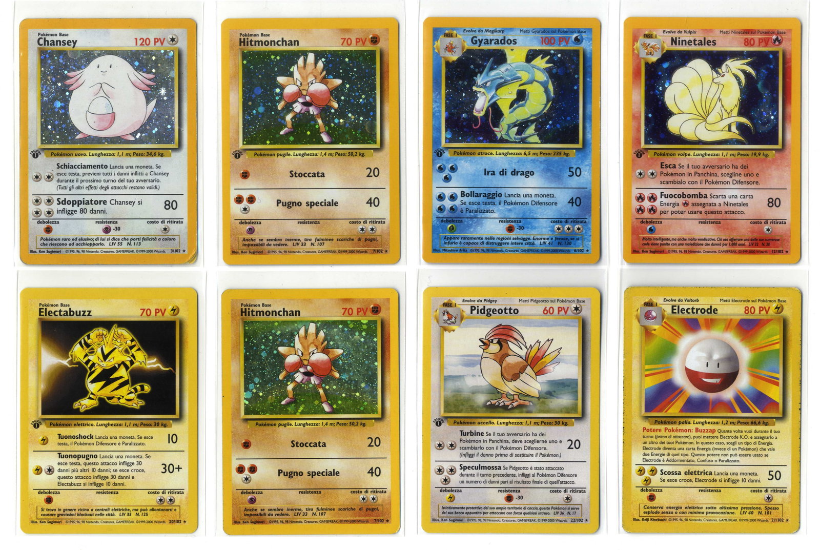 Base Set Italian 1st Edition + Bundle: This lot features 8 cards from Base Set's Italian print in mixed conditionsm including some 1st Editions. Featured in this collection are:Ninetales #12 1st Ed Italian - VLP/NMGyarados #6 1st Ed Italia
