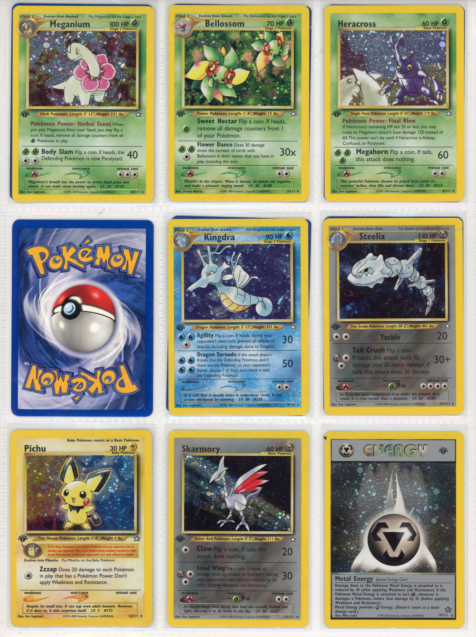 Neo Genesis 1st Edition Partially Complete Set #101/111: This lot features a 1st Edition partially complete Neo Genesis expansion. The set features eight golographic cards and a complete rare, uncommon and common run of cards. The holo cards featured in thi