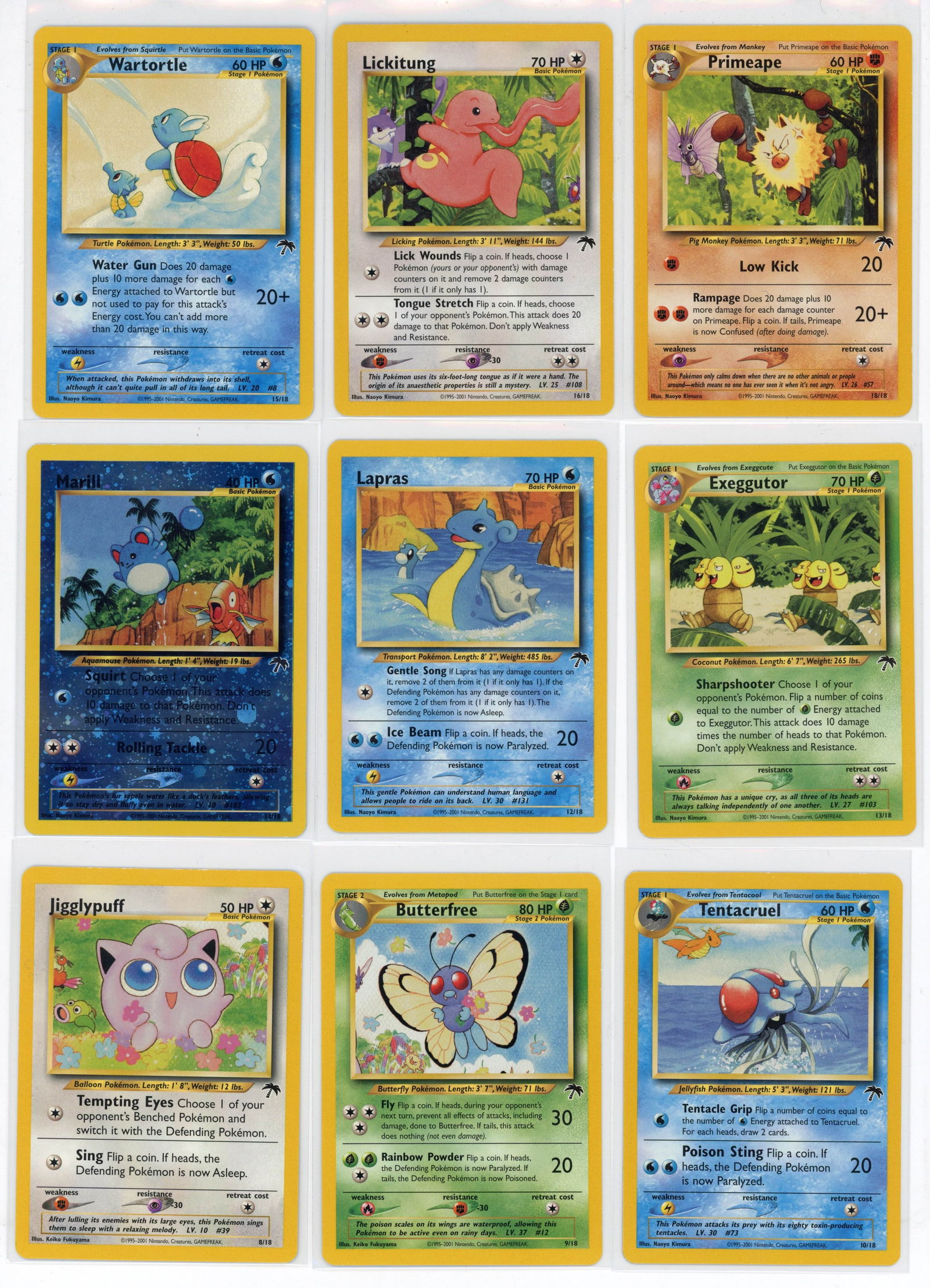 Southern Islands Partially Complete Set #13/18 (2001): This stunning collection of the Southern Islands set features 13 of the 18 cards. Missing are Mew #1, Ivysaur #5, Ladyba #7, Slowking #14, Vileplume #17. The set is mostly in LP condition, with slight