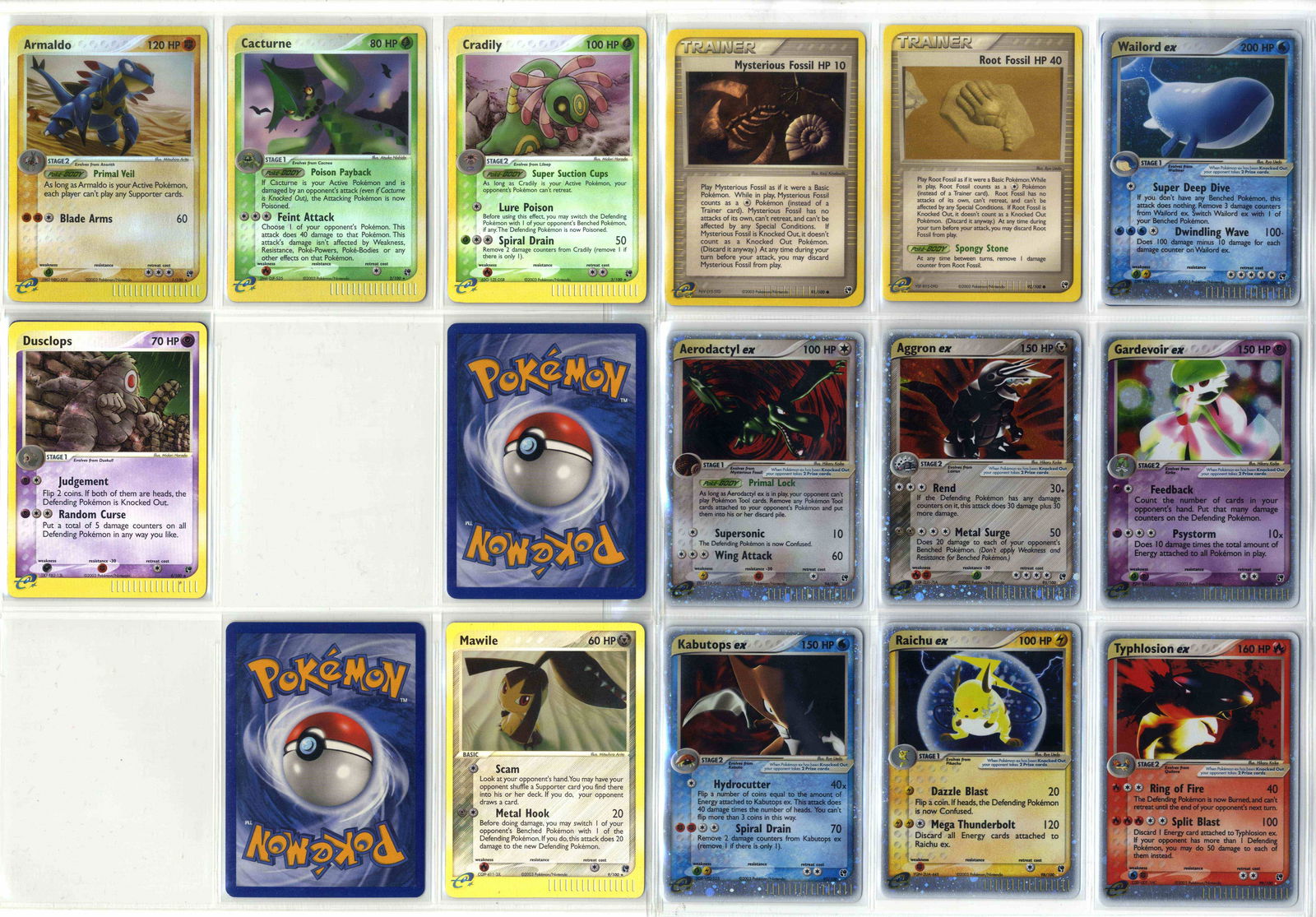 Ex Sandstrom Partially Complete Master Set: What do you get: 107/110 from the main set. 64/93 from the reverse holo set.The main feature of this partially complete master set is it contains all of the original ‘ex’ Pokémon. In fact of the