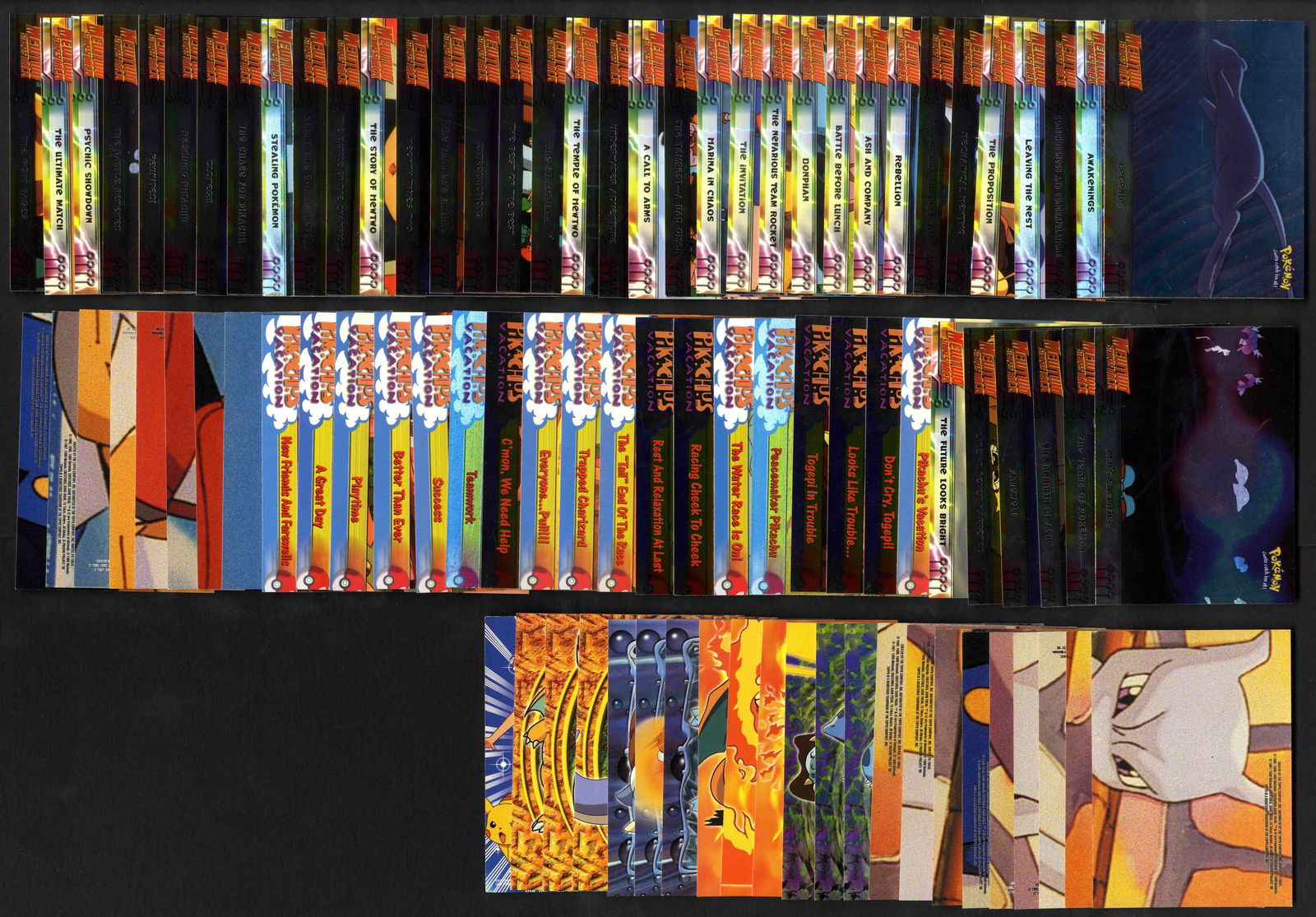 TOPPS Pokemon The First Movie – Near complete set – 72 cards / 17 stickers.: This is a near-complete TOPPS The First Movie set.It contains:41/41 Mewtwo Strike Back cards (this does NOT contain 00 and 0 as they are promotional cards)18/8 Pikachu’s Vacation cards12/12 Evolutio