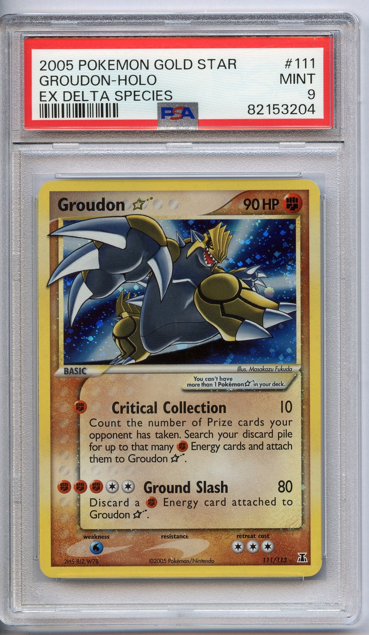 PSA 9 Groudon Gold Star Holo #111 - Ex Delta Species 2005: This incredible Groudon Gold Star Holo #111 from Ex Delta Species has been graded and authenticated by PSA, achieving a grade of 9 (MINT).