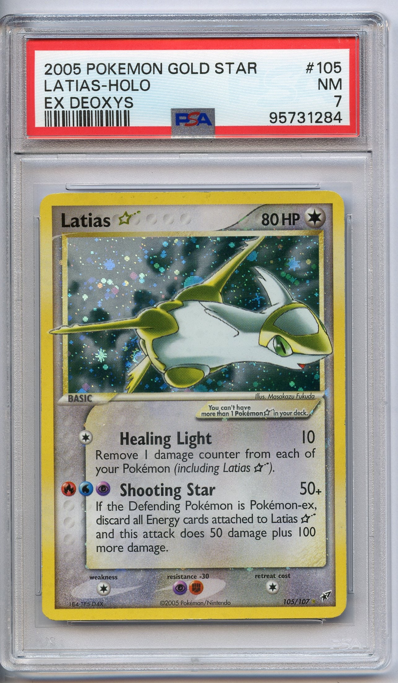 PSA 7 Latias Gold Star Holo #105 - EX Deoxys 2005: This incredible Latias Gold Star Holo #105 from EX Deoxys has been graded and authenticated by PSA, achieving a grade of 7 (NM).