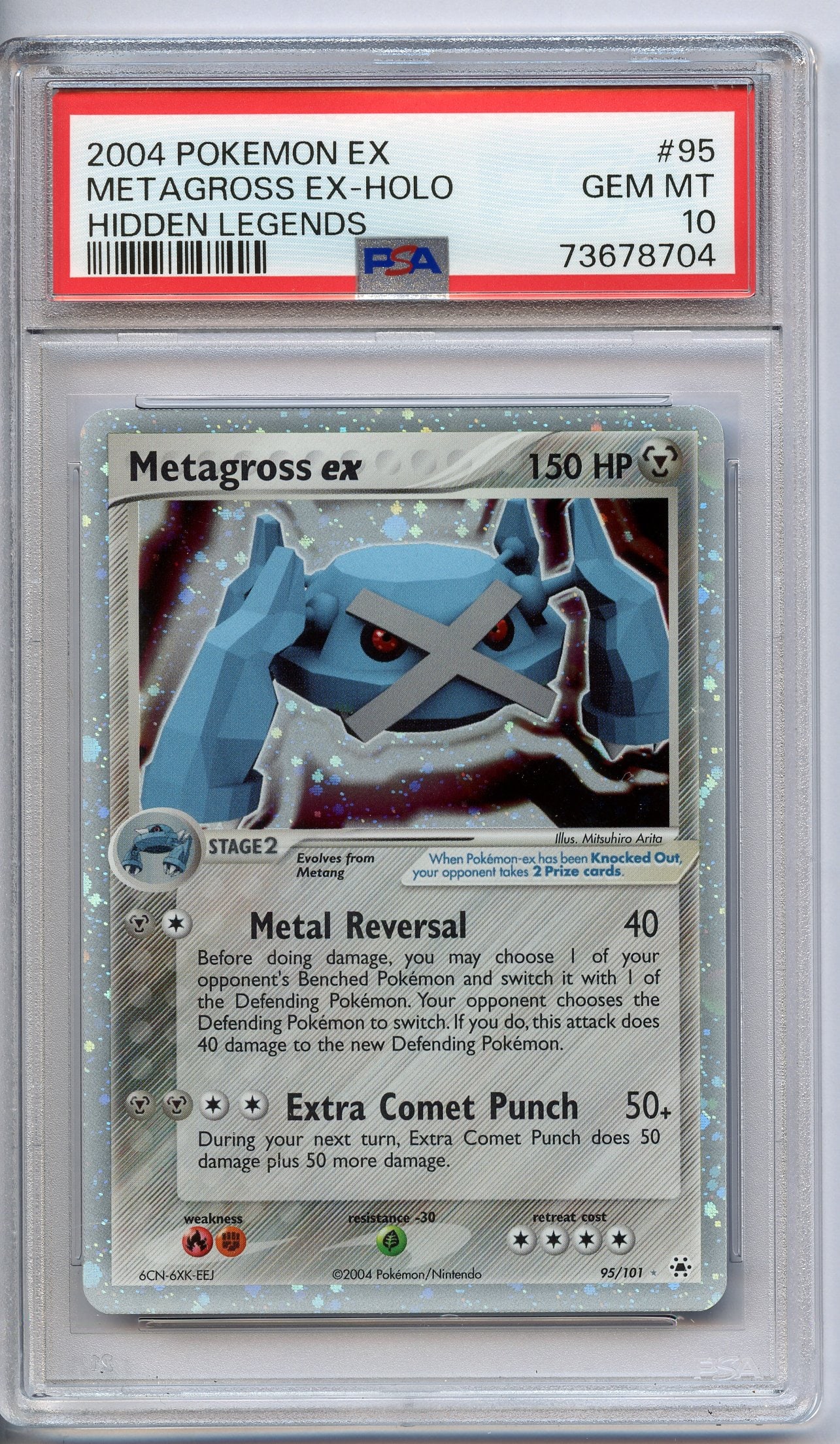PSA 10 Metagross ex Holo #95 - Hidden Legends 2004: This fantastic Metagross ex Holo #95 from Hidden Legends has been graded and authenticated by PSA, achieving a maximum grade of 10 (GEM MT).