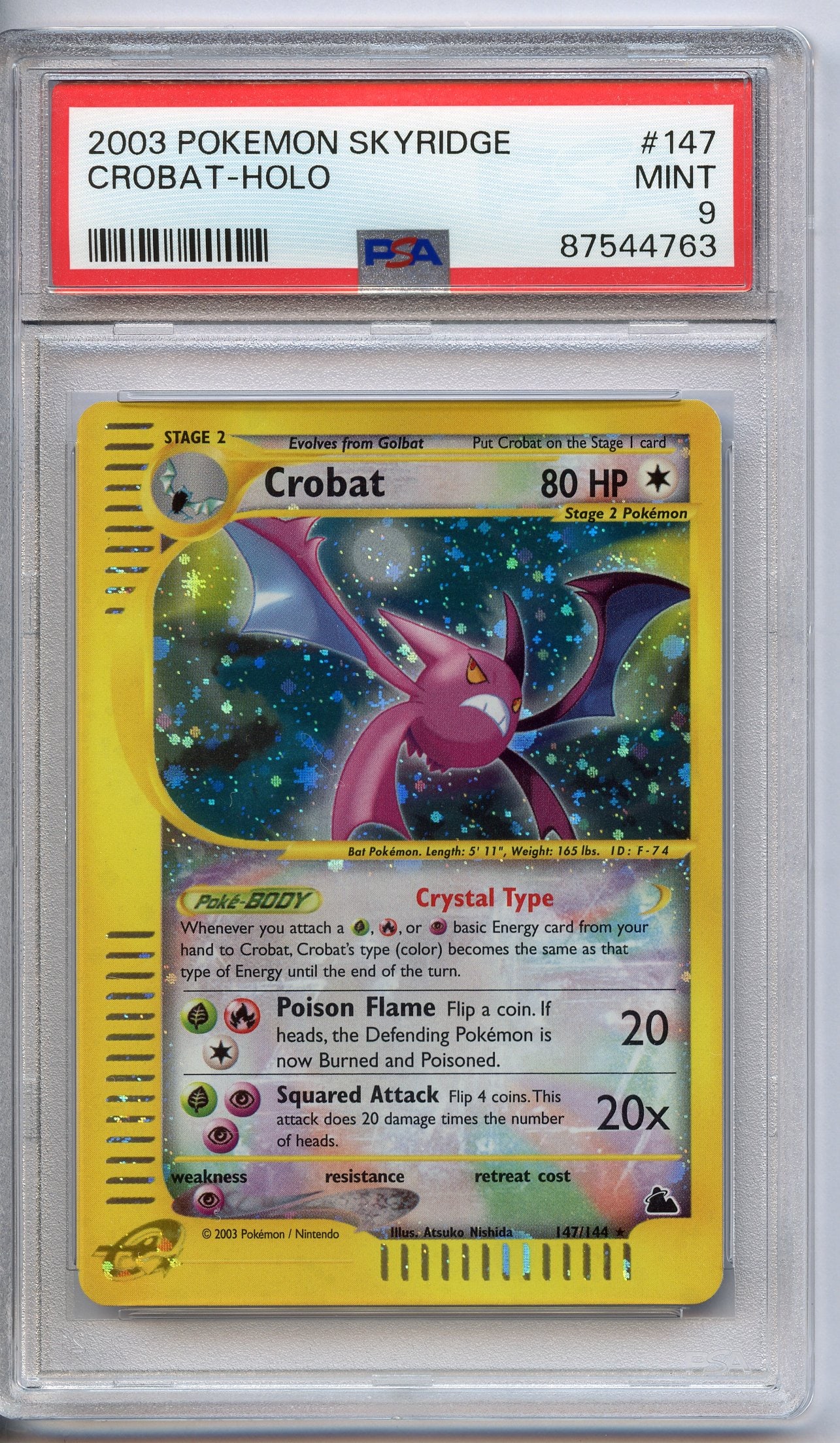 PSA 9 Crobat Holo Crystal #147 - Skyridge 2003: This stunning Crobat Holo Crystal #147 from Skyridge has been graded and authenticated by PSA, achieving a grade of 9 (MINT).