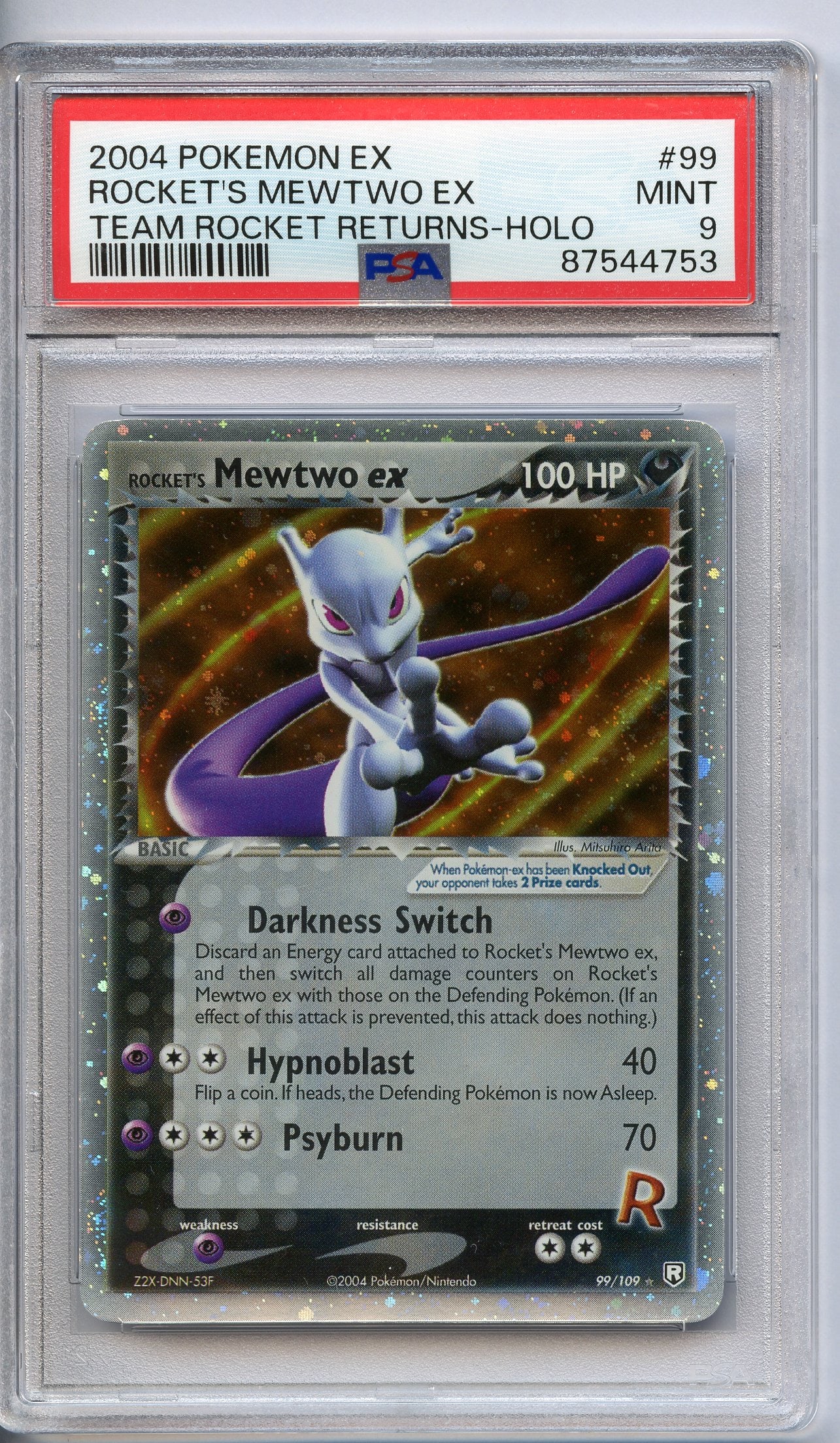 PSA 9 Rocket's Mewtwo ex Holo #99 - Team Rocket Returns 2004: This Rocket's Mewtwo ex Holo #99 from Team Rocket Returns has been graded and authenticated by PSA, achieving a grade of 9 (MINT).