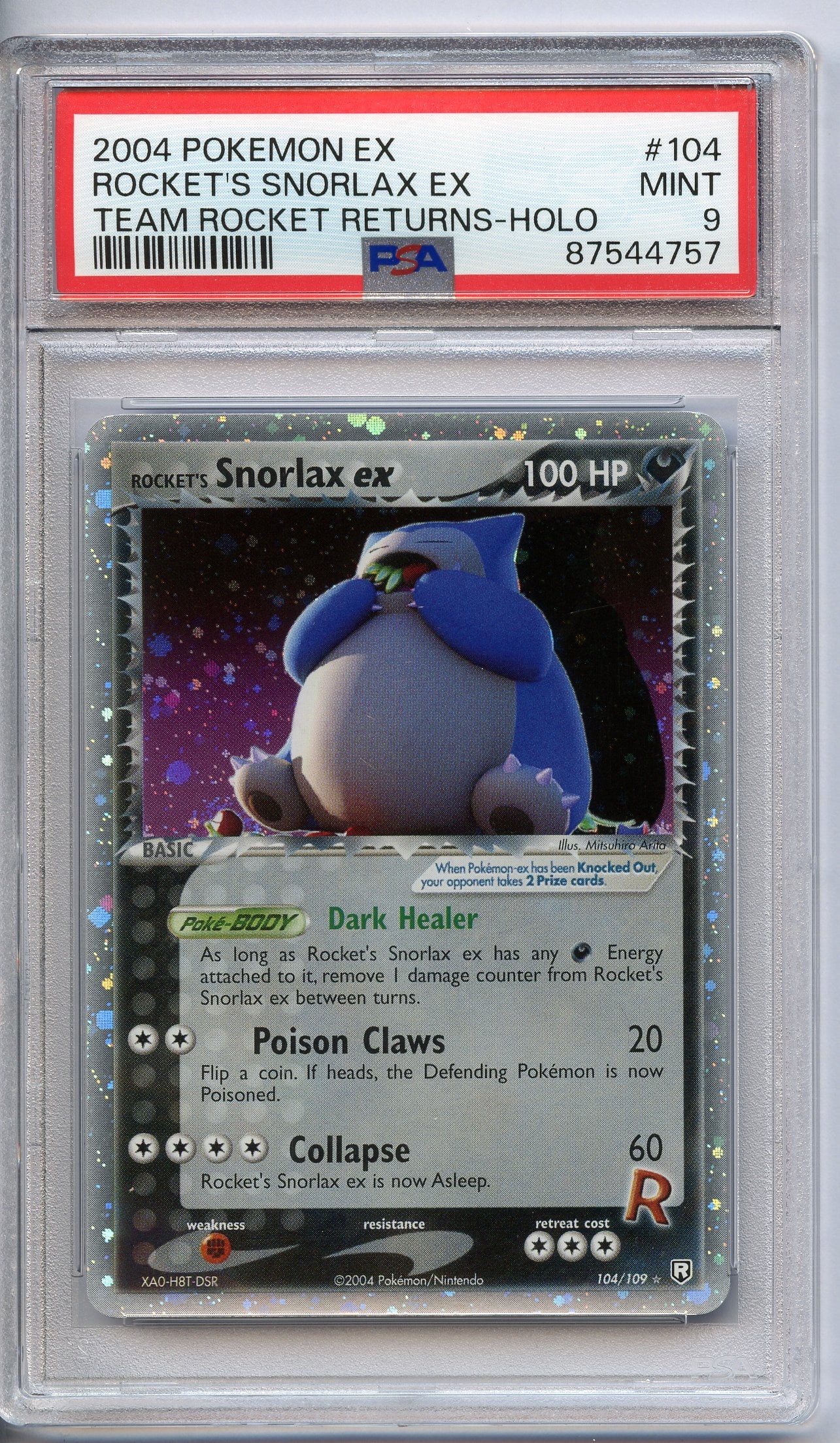 PSA 9 Rocket's Snorlax ex Holo #104 - Team Rocket Returns 2004: This Rocket's Snorlax ex Holo #104 from Team Rocket Returns has been graded and authenticated by PSA, achieving a grade of 9 (MINT).