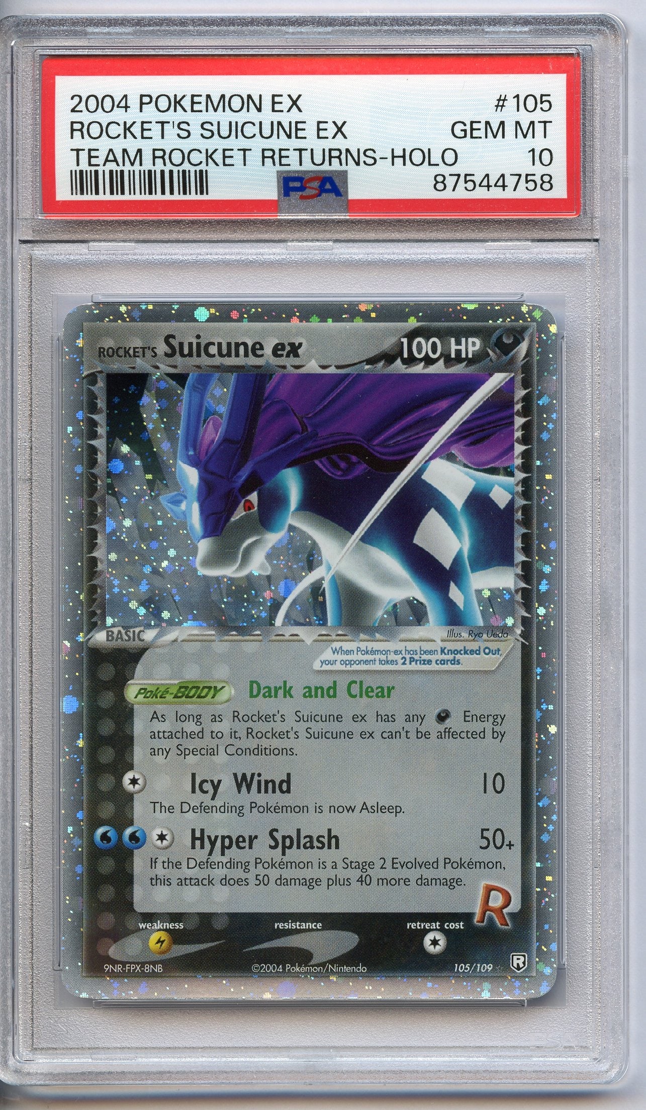 PSA 10 Rocket's Suicune ex Holo #105 - Team Rocket Returns 2004: This Rocket's Suicune ex Holo #105 from Team Rocket Returns has been graded and authenticated by PSA, achieving a grade of 10 (GEM MT).