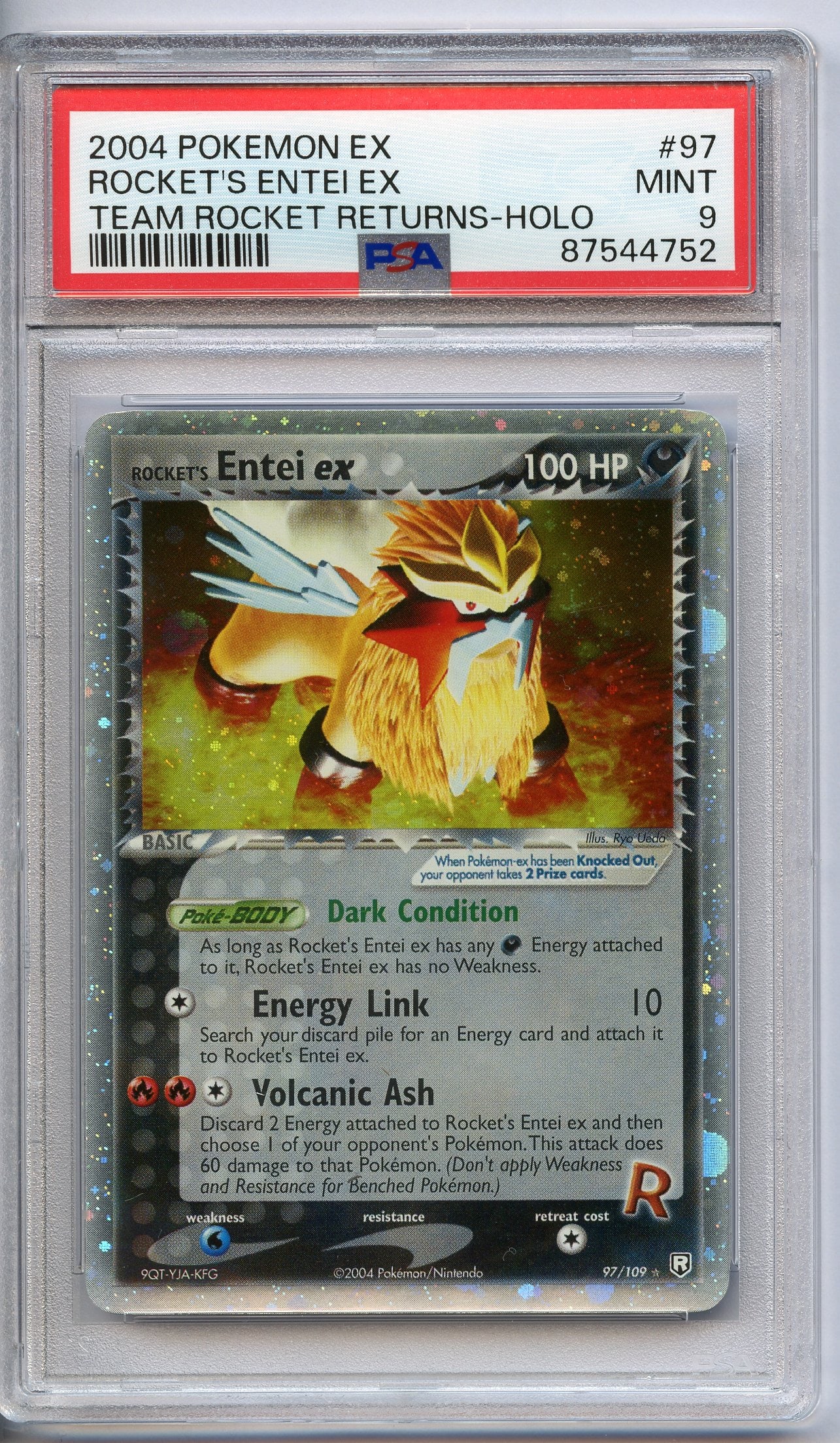 PSA 9 Rocket's Entei ex Holo #97 - Team Rocket Returns 2004: This Rocket's Entei ex Holo #97 from Team Rocket Returns has been graded and authenticated by PSA, achieving a grade of 9 (MINT).