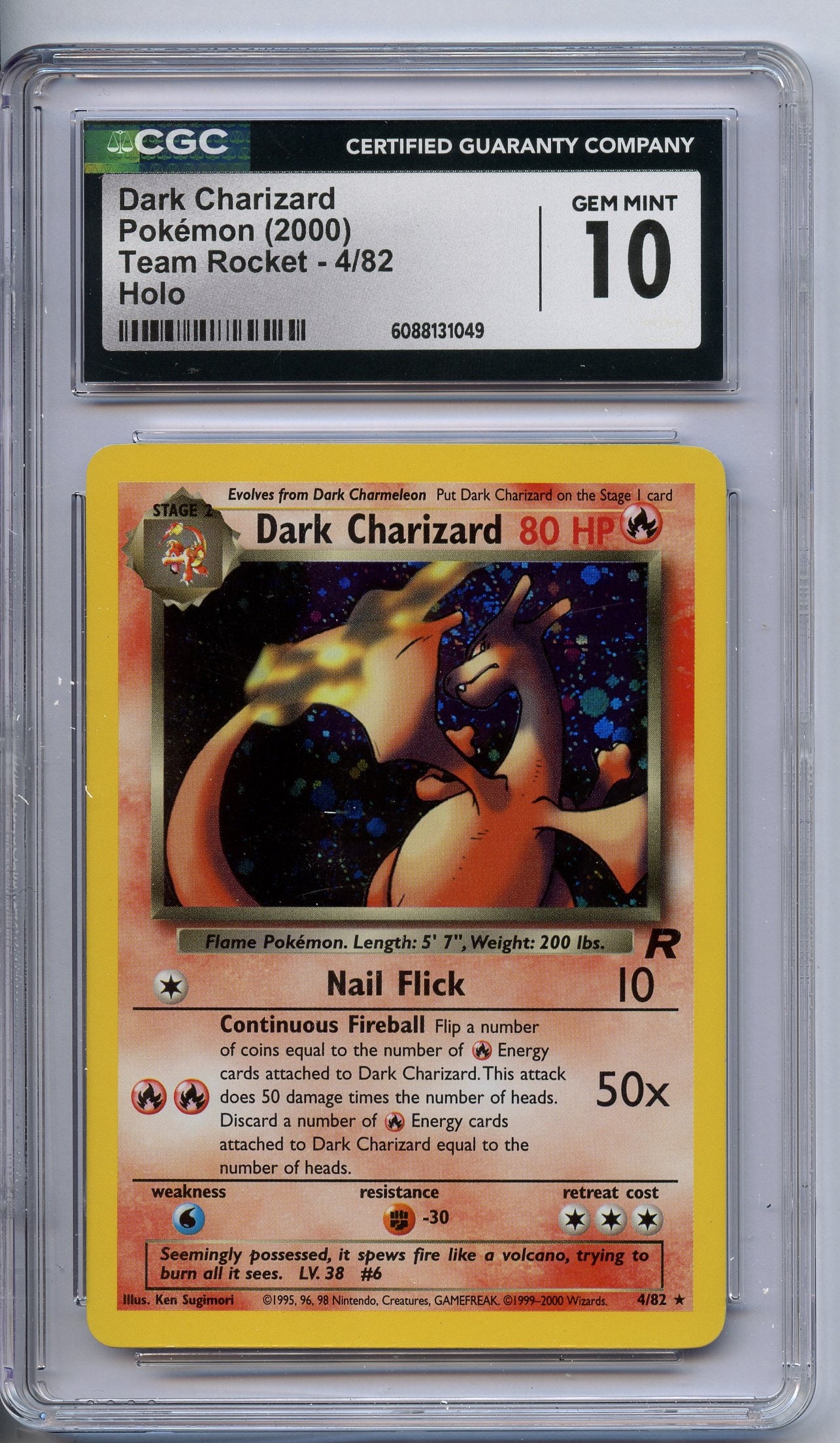 CGC 10 Dark Charizard #4 Holo - Team Rocket 2000: This Dark Charizard #4 Holo from Team Rocket has been graded a 10 (GEM MINT) by CGC.