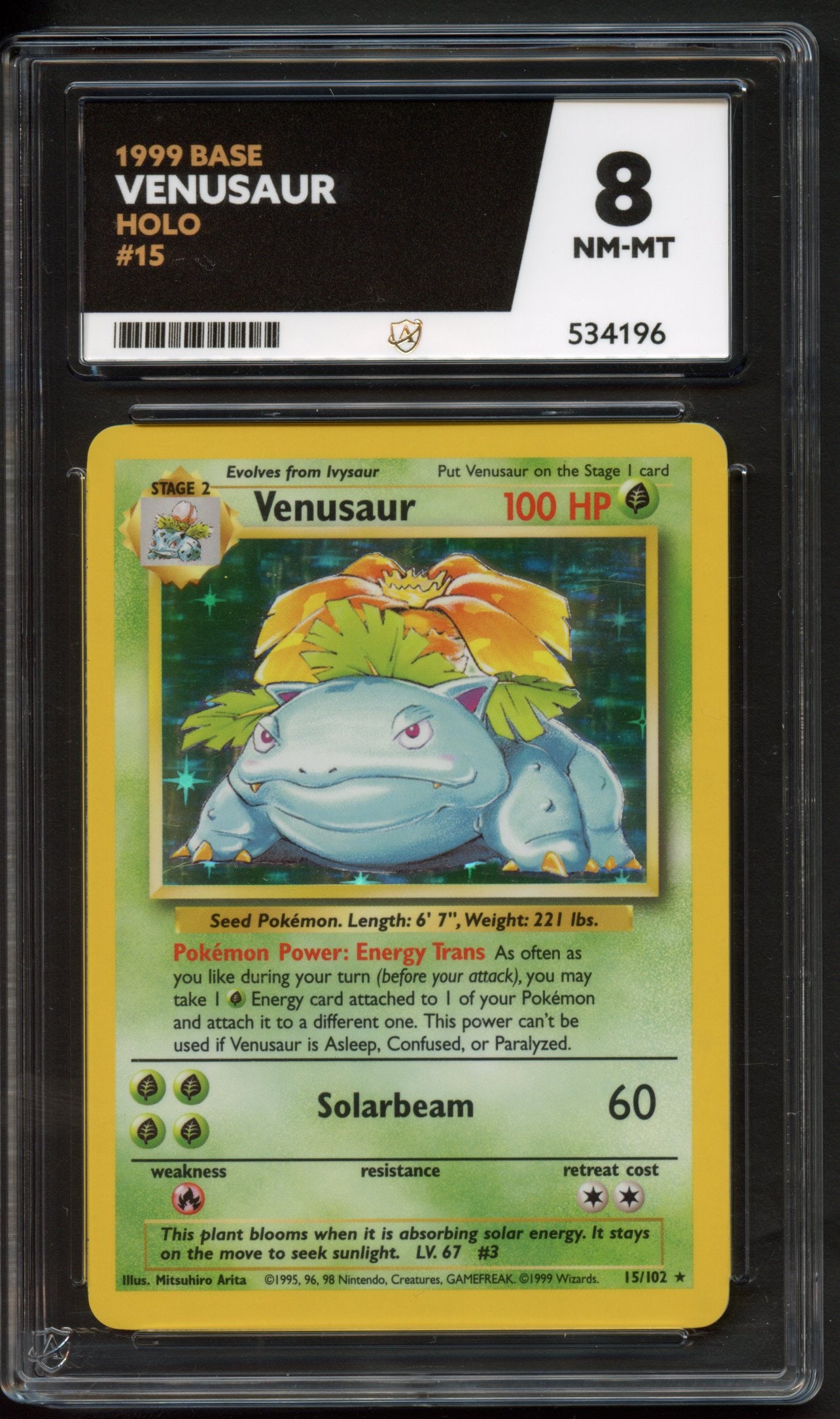 ACE 8 Venusaur #15 - Base Set Unlimited 1999: This Unlimited Printing of Venusaur #15 from Base Set (1999) has been graded an 8 NM-MT by ACE.