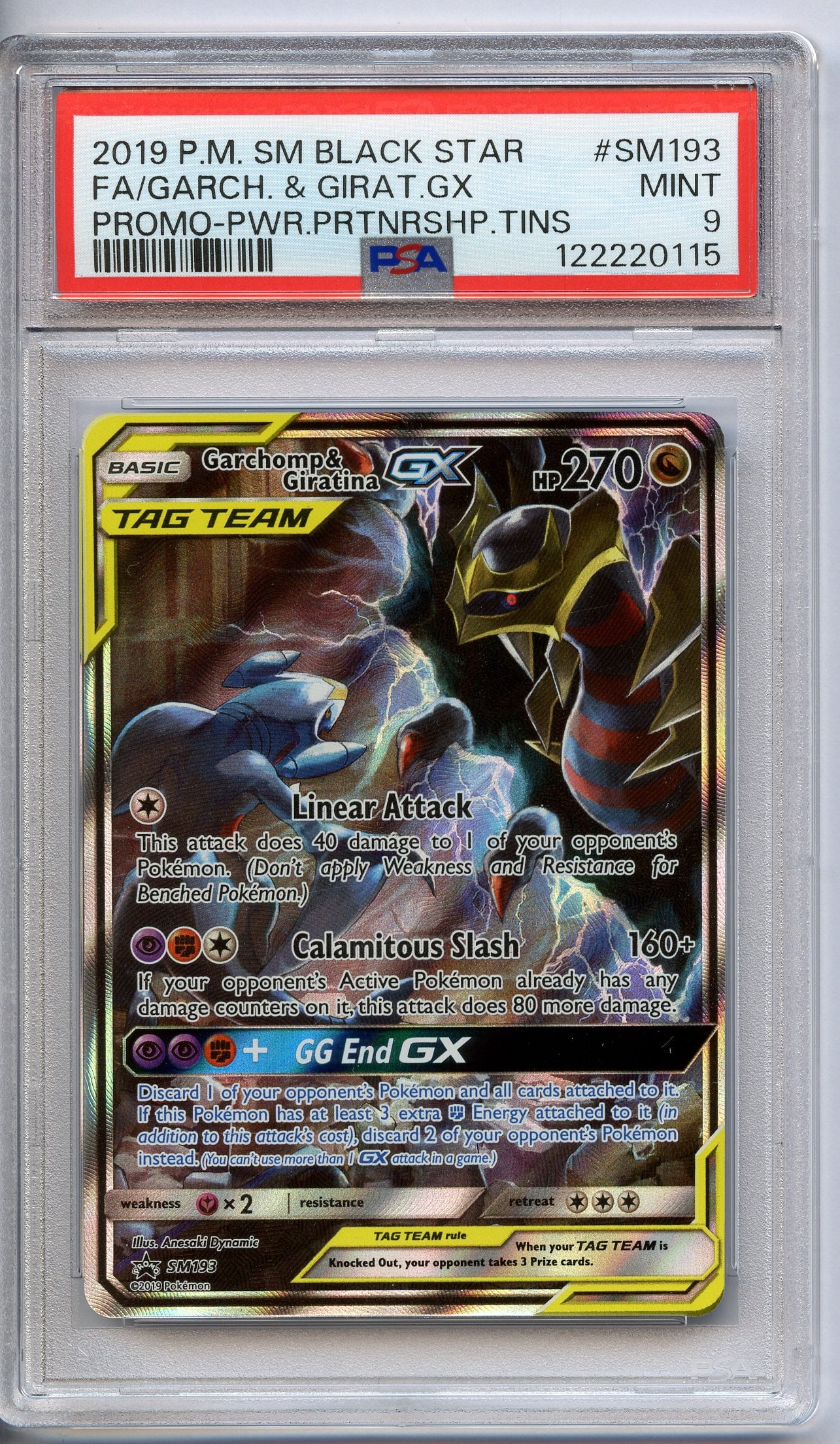 PSA 9 Garchomp & Giritina GX #SM193 - Tag Team Promo: Garchomp & Giritina GX #SM193 Tag Team Promo, graded a MINT 9 by PSA.