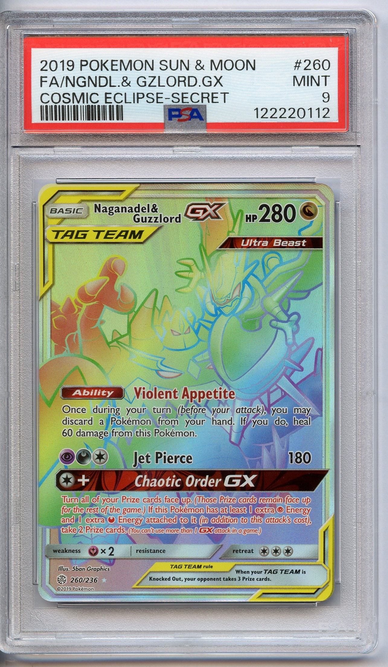 PSA 9 Naganadel & Guzzlord GX #260 Team Up - Cosmic Eclipse 2019: Naganadel & Guzzlord GX #260 Team Up from Cosmic Eclipse, graded a MINT 9 by PSA.