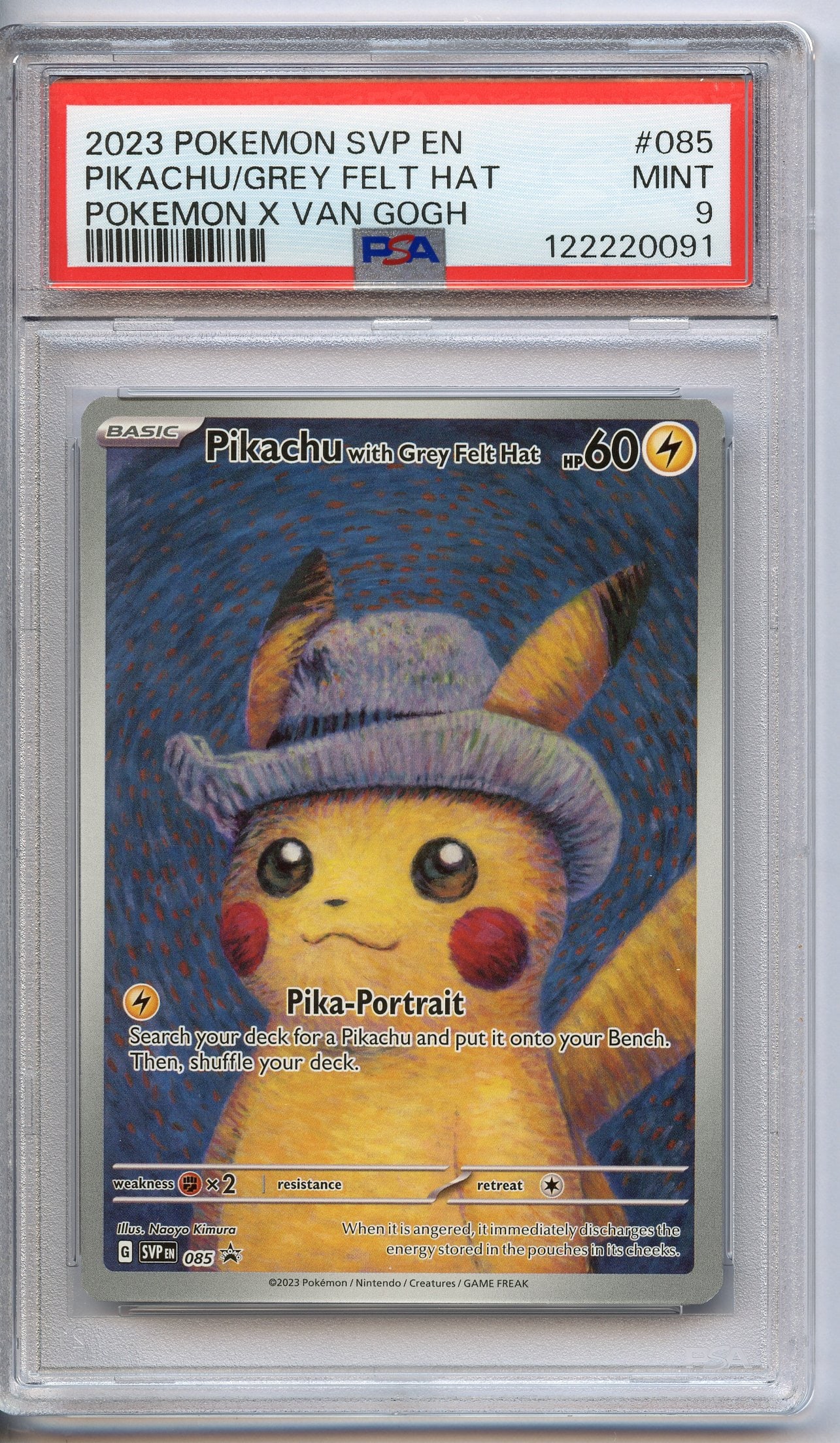 PSA 9 Pikachu with Grey Felt Hat - X Van Gogh #85: A Pikachu with Grey Felt Hat from the X Van Gogh event, graded a MINT 9 by PSA.