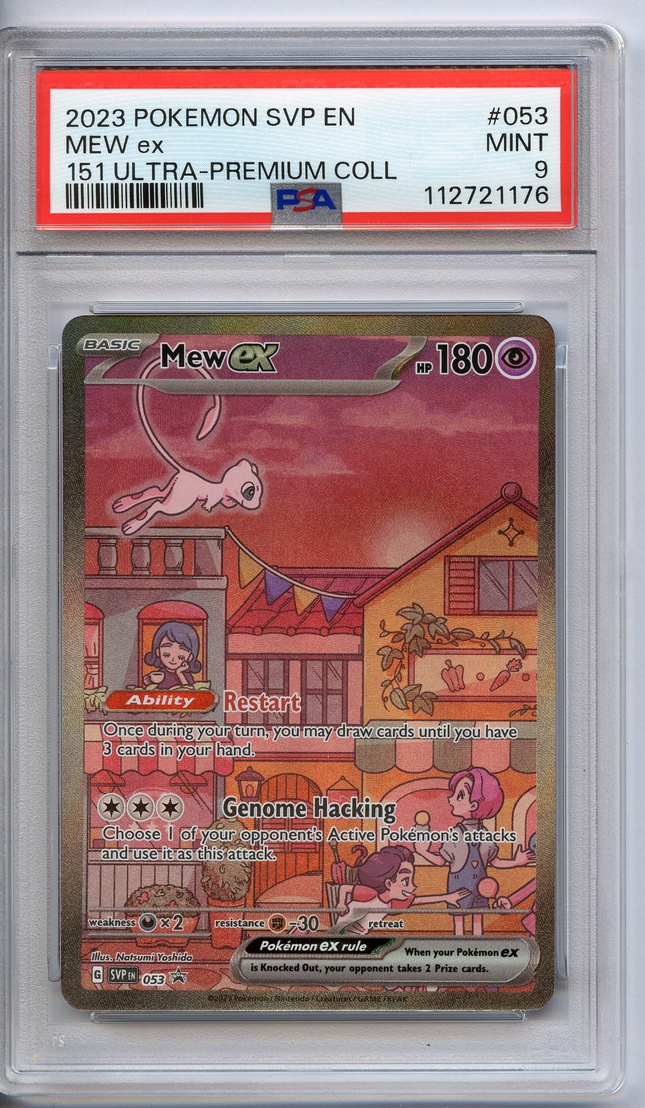 PSA 9 Mew ex #53 SV 151 UPC Promo: Mew ex #53 SV 151 Promo from the Ultra Premium Collection, graded a MINT 9 by PSA.