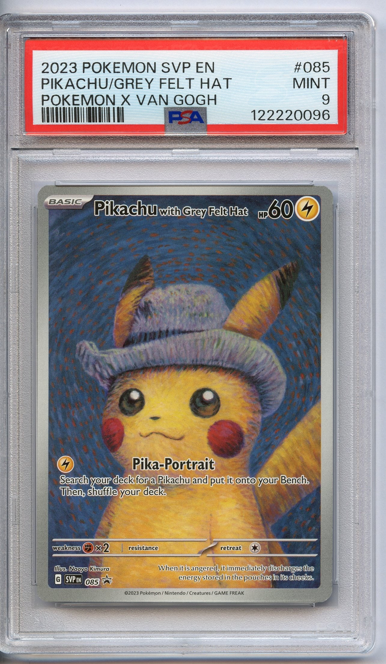 PSA 9 Pikachu with Grey Felt Hat - X Van Gogh #85: A Pikachu with Grey Felt Hat from the X Van Gogh event, graded a MINT 9 by PSA.