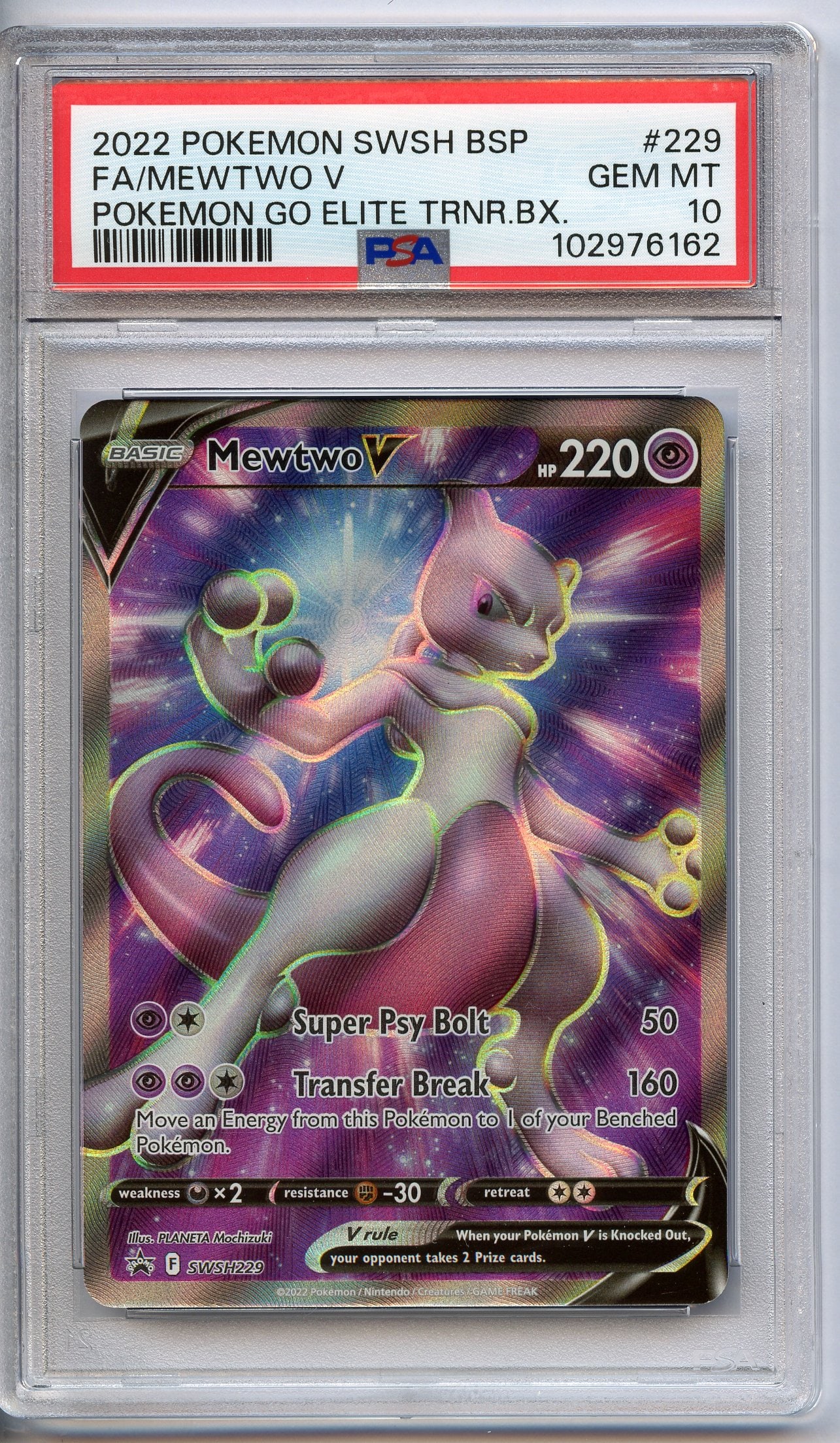 PSA 10 Mewtwo V SWSH229 Promo - Pokemon GO ETB: Mewtwo V SWSH229 Promo from the Pokemon GO ETB, graded a GEM MT 10 by PSA.