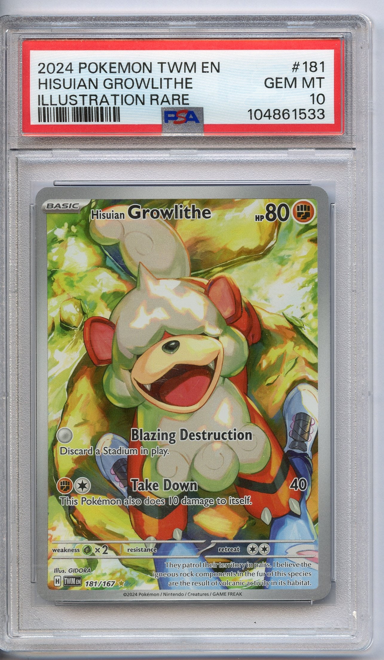 PSA 10 Growlithe #181 Illustration Rare - Twilight Masquerade: Growlithe #181 Illustration Rare from Twilight Masquerade, graded a GEM MT 10 by PSA.