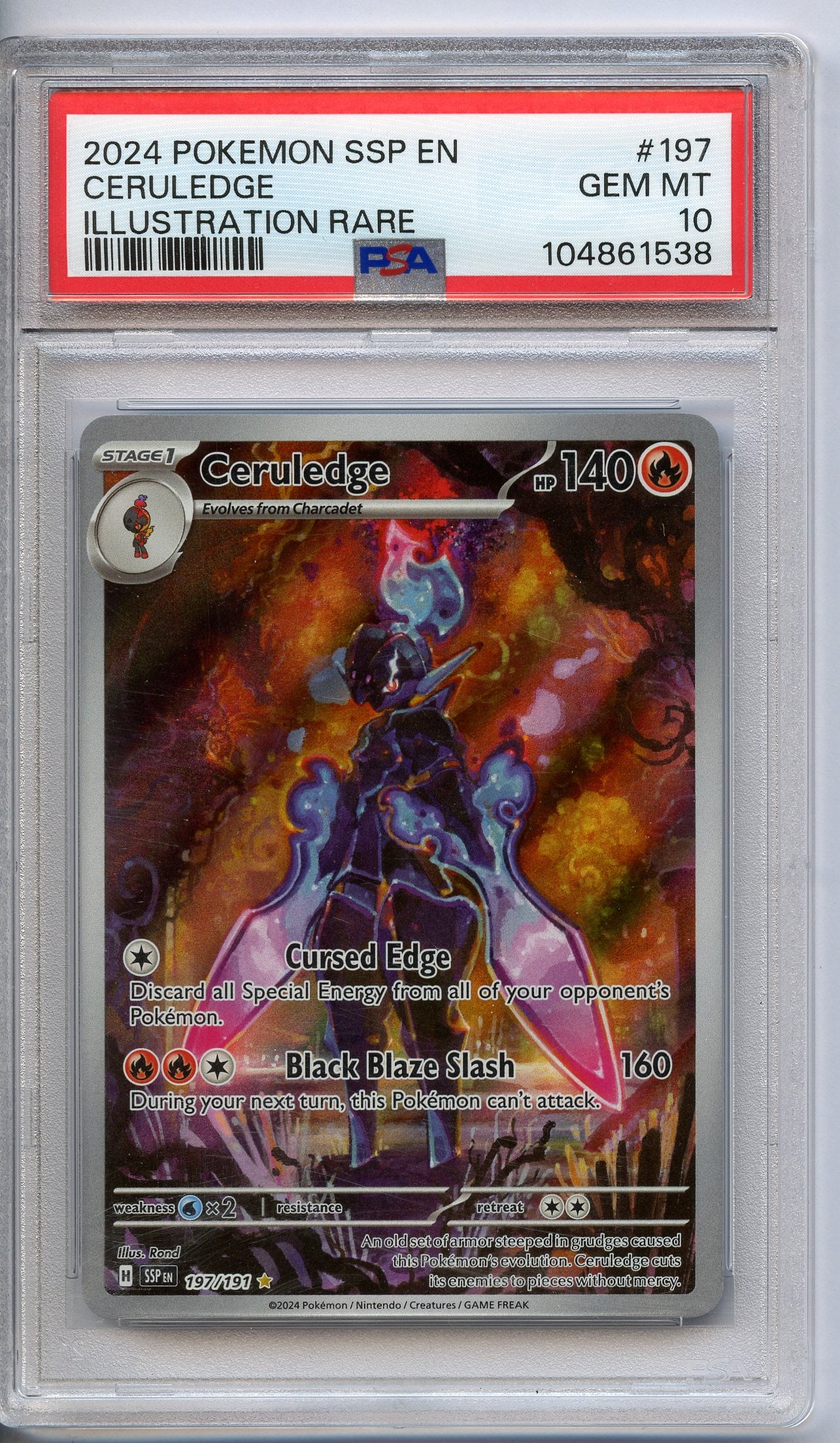 PSA 10 Ceruledge #197 Illustration Rare - Surging Sparks: Ceruledge #197 Illustration Rare from Surging Sparks, graded a GEM MT 10 by PSA.