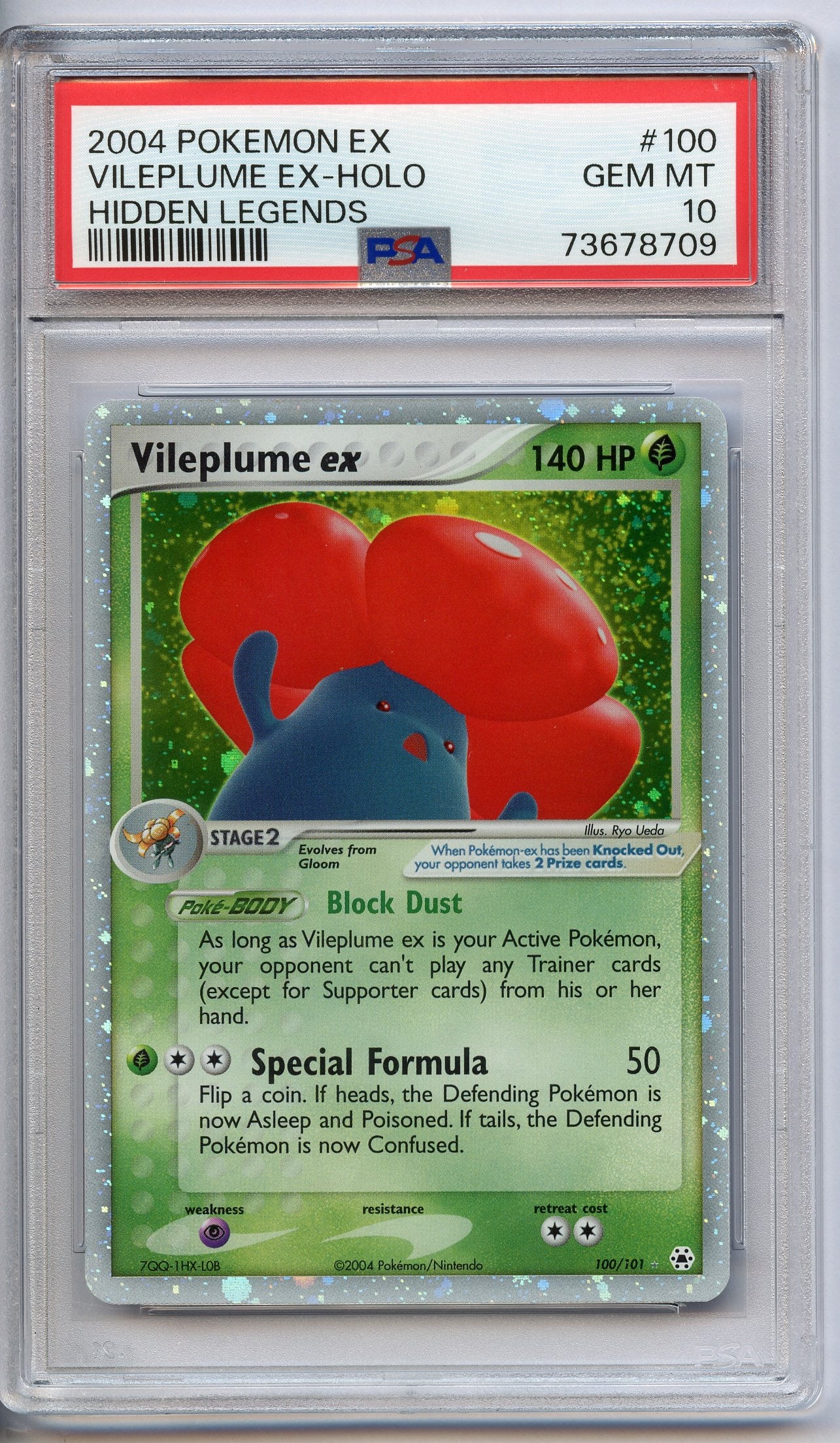 PSA 10 Vileplume ex Holo #100 - Hidden Legends 2004: This fantastic Vileplume ex Holo #100 from Hidden Legends has been graded and authenticated by PSA, achieving a maximum grade of 10 (GEM MT).