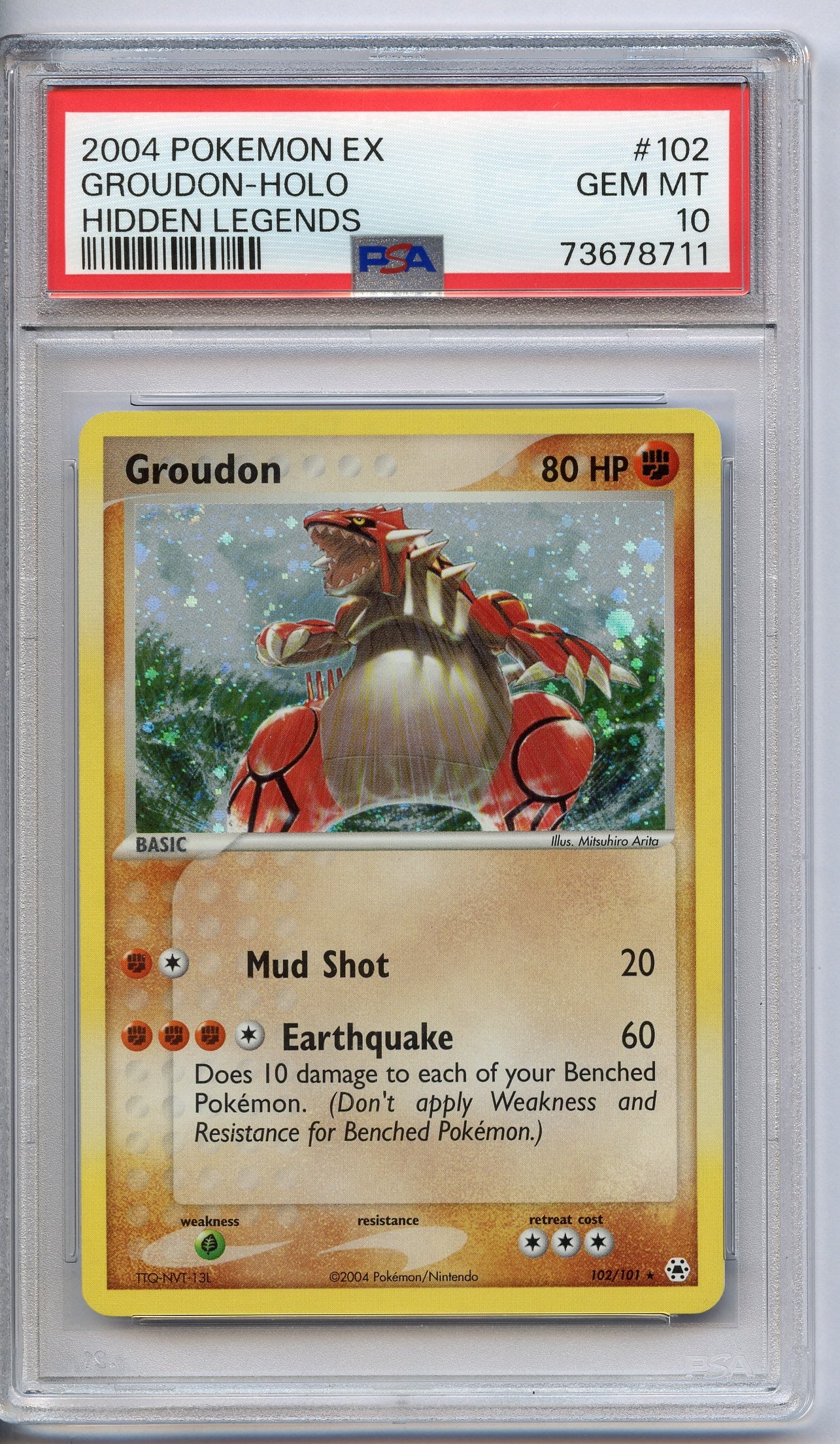 PSA 10 Groudon Holo #102 - Hidden Legends 2004: This gorgeous Groudon Holo #102 from Hidden Legends has been graded and authenticated by PSA, achieving a grade of 10 (GEM MT).