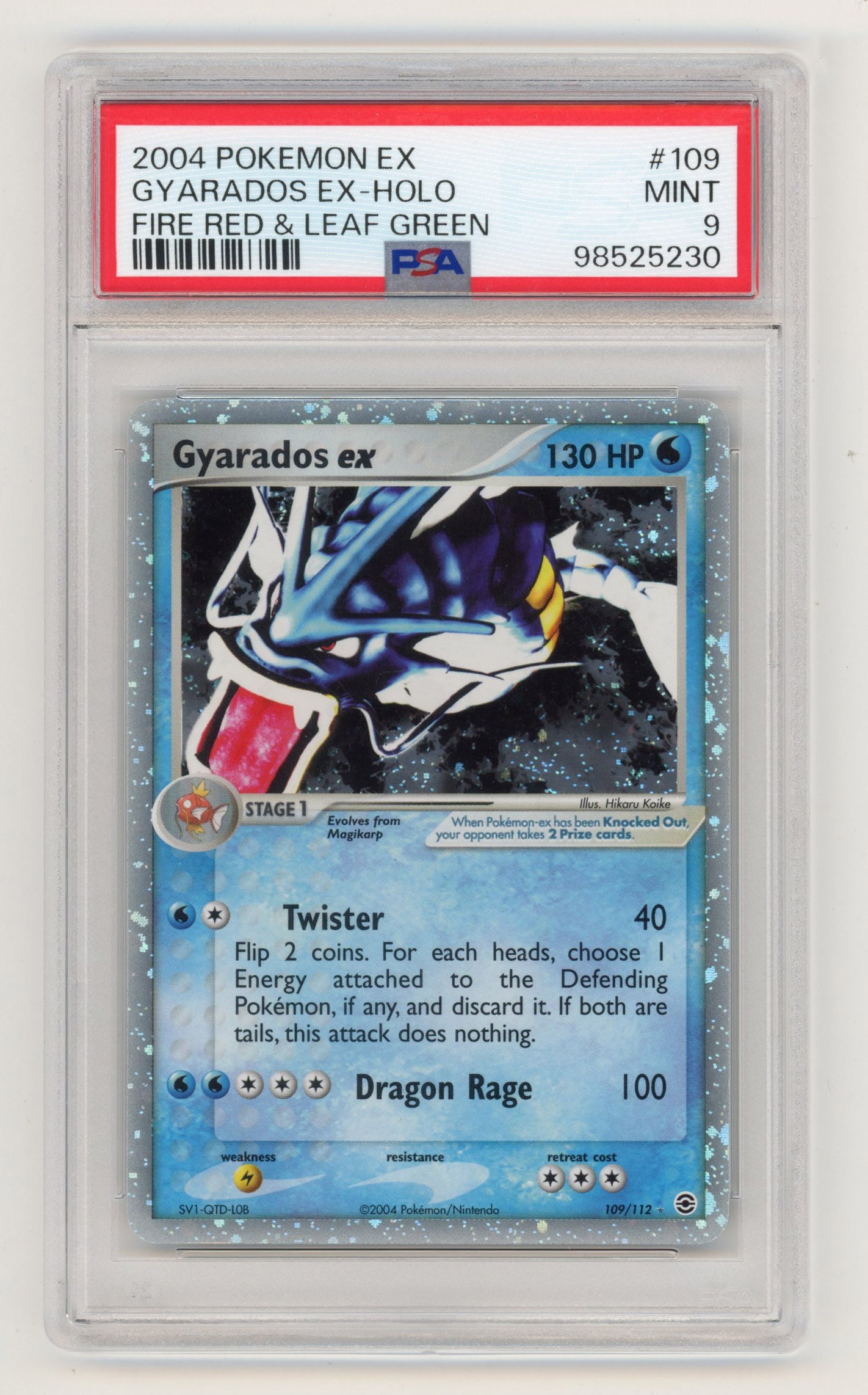 PSA 9 Gyarados ex Holo #109 - Fire Red & Leaf Green 2004: This Gyarados ex Holo #109 from Fire Red & Leaf Green has been graded and authenticated by PSA, achieving a grade of 9 (MINT).