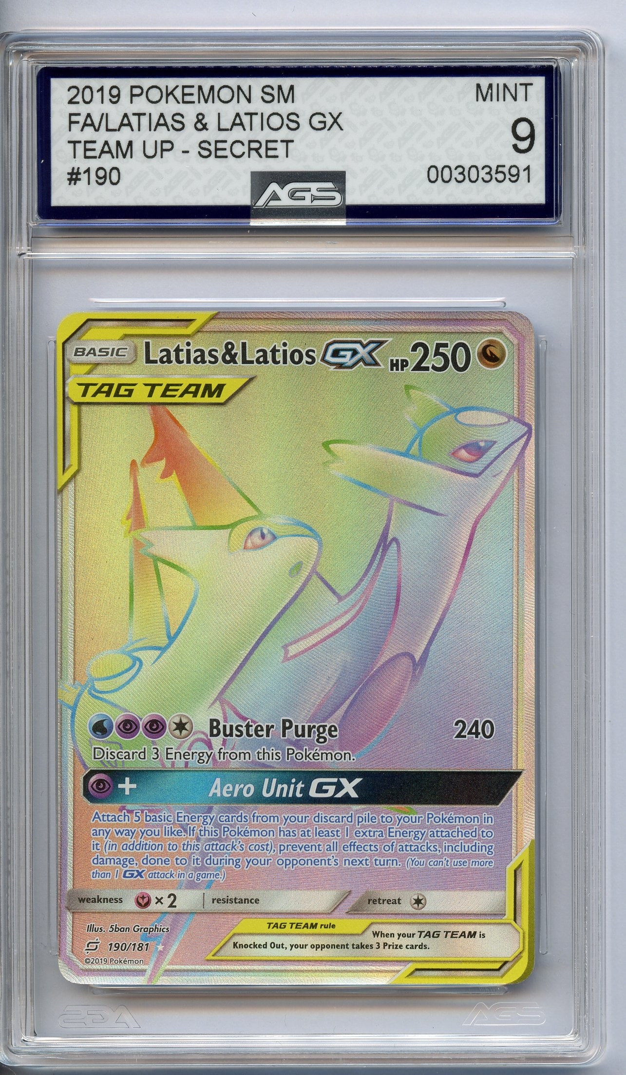 AGS 9 Latias & Latios GX - Rainbow Rare #190 Team UP 2019: Graded and authenticated by AGS, the worlds leading Ai grading company and awarded a mint 9.