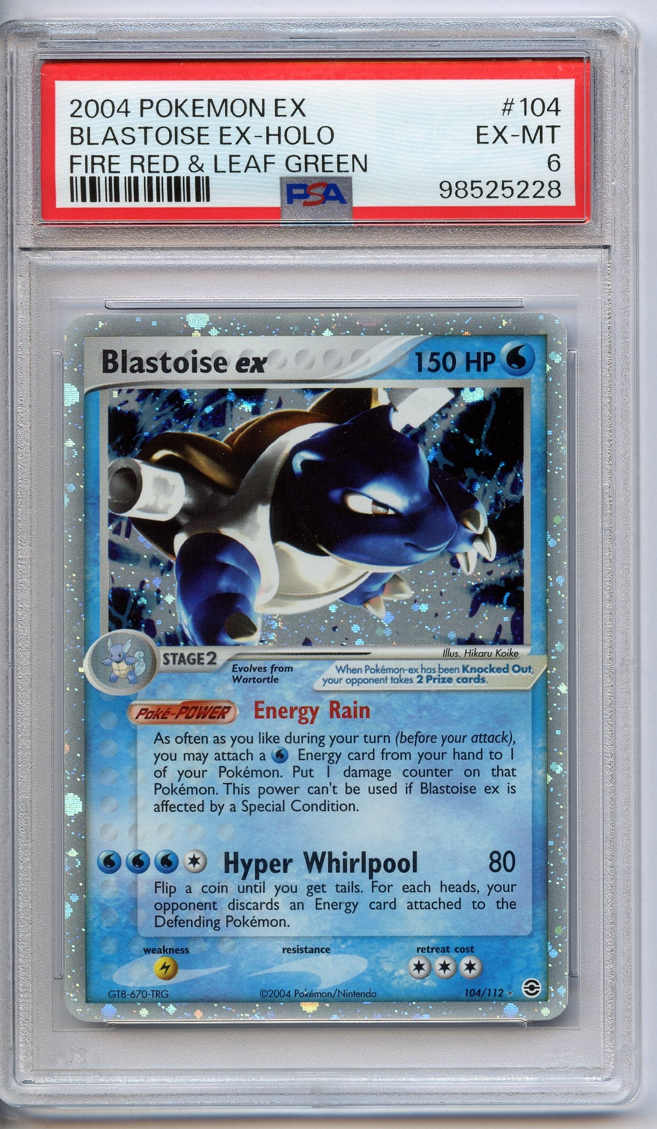 PSA 6 Blastoise ex Holo #104 - Fire Red & Leaf Green 2004: This beautiful Blastoise ex Holo #104 from Fire Red & Leaf Green has been graded and authenticated by PSA, achieving a grade of 6 (EX-MT).