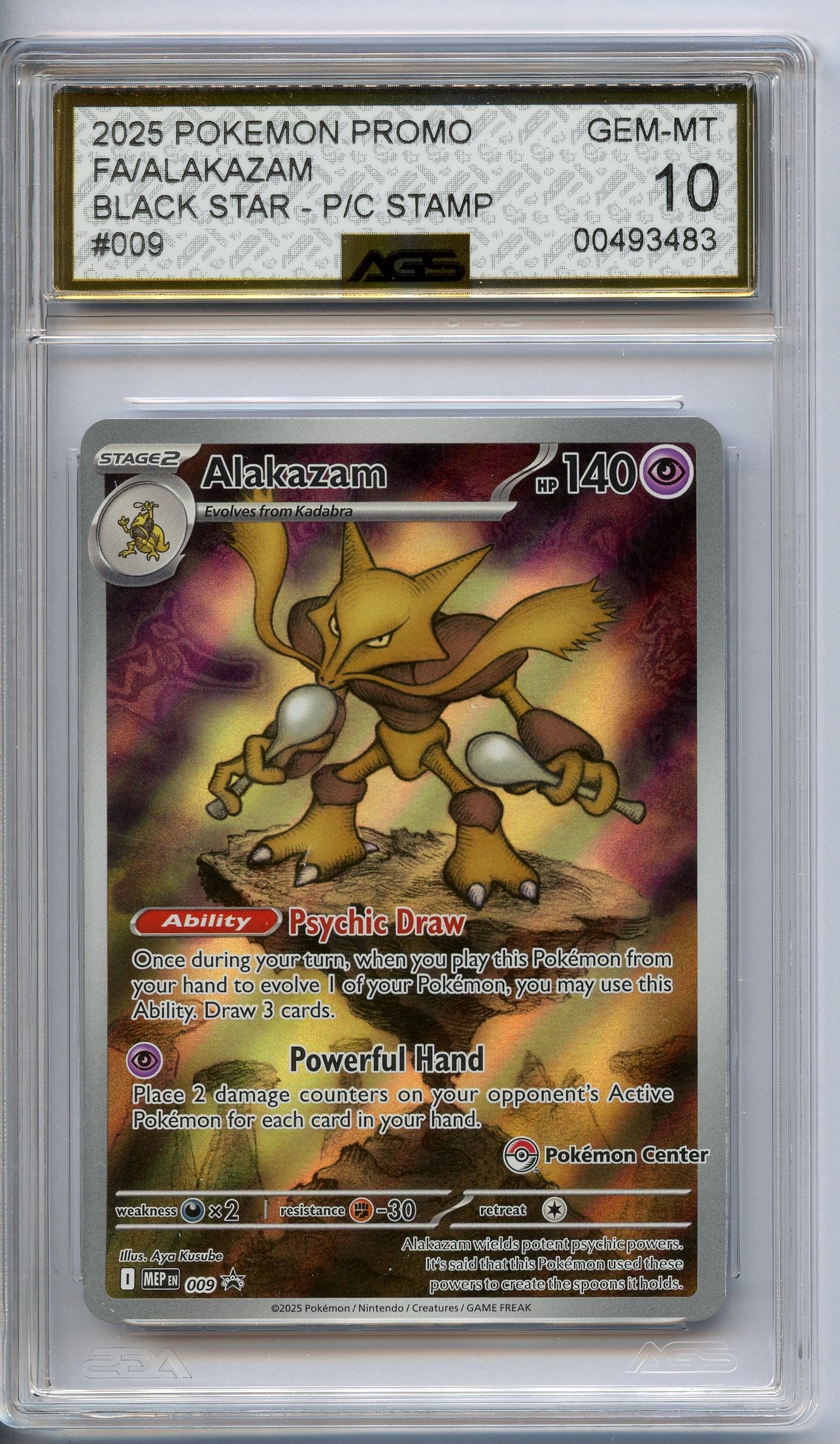 AGS 10 Alakazam #009 Pokémon Center Stamp Black Star Promo: Graded and authenticated by AGS, the worlds leading Ai grading company and awarded a mint 10.