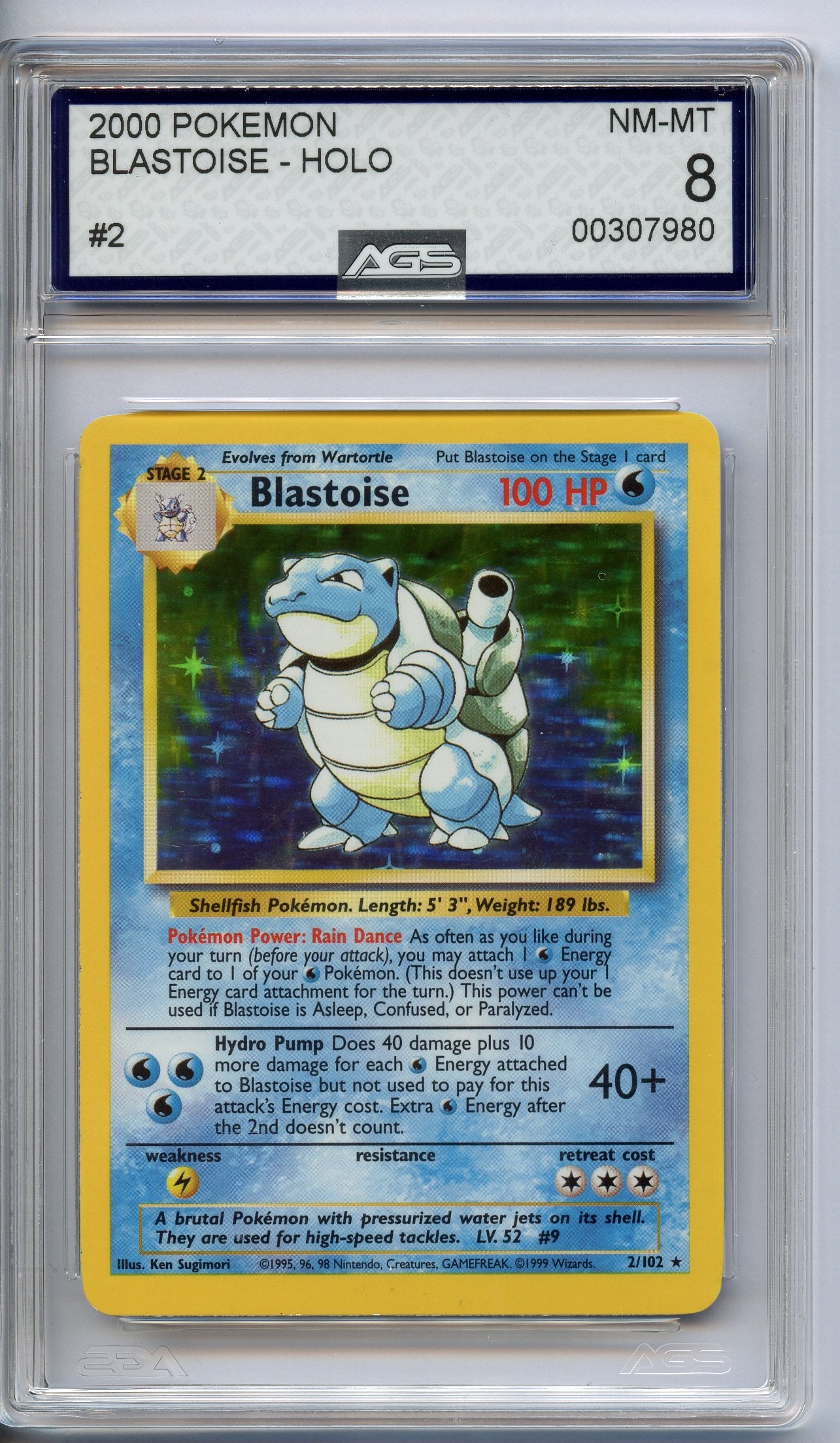 AGS 8 Blastoise #2 holo - Base Set 1999: Graded and authenticated by AGS, the worlds leading Ai grading company and awarded a near mint 8.