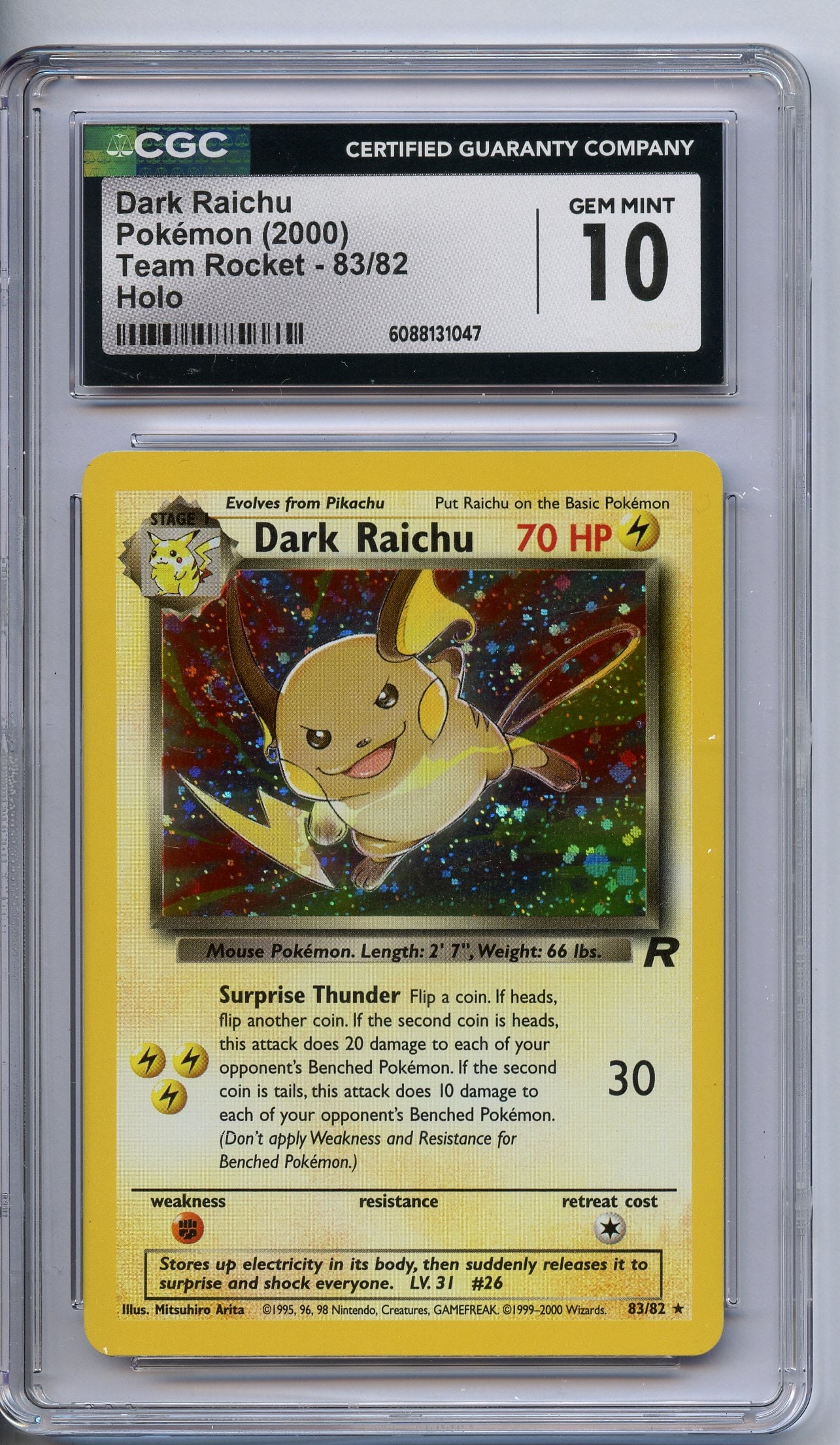 CGC 10 Dark Raichu #83 Holo - Team Rocket 2000: This Dark Raichu #83 Holo from Team Rocket has been graded a 10 (GEM MINT) by CGC.