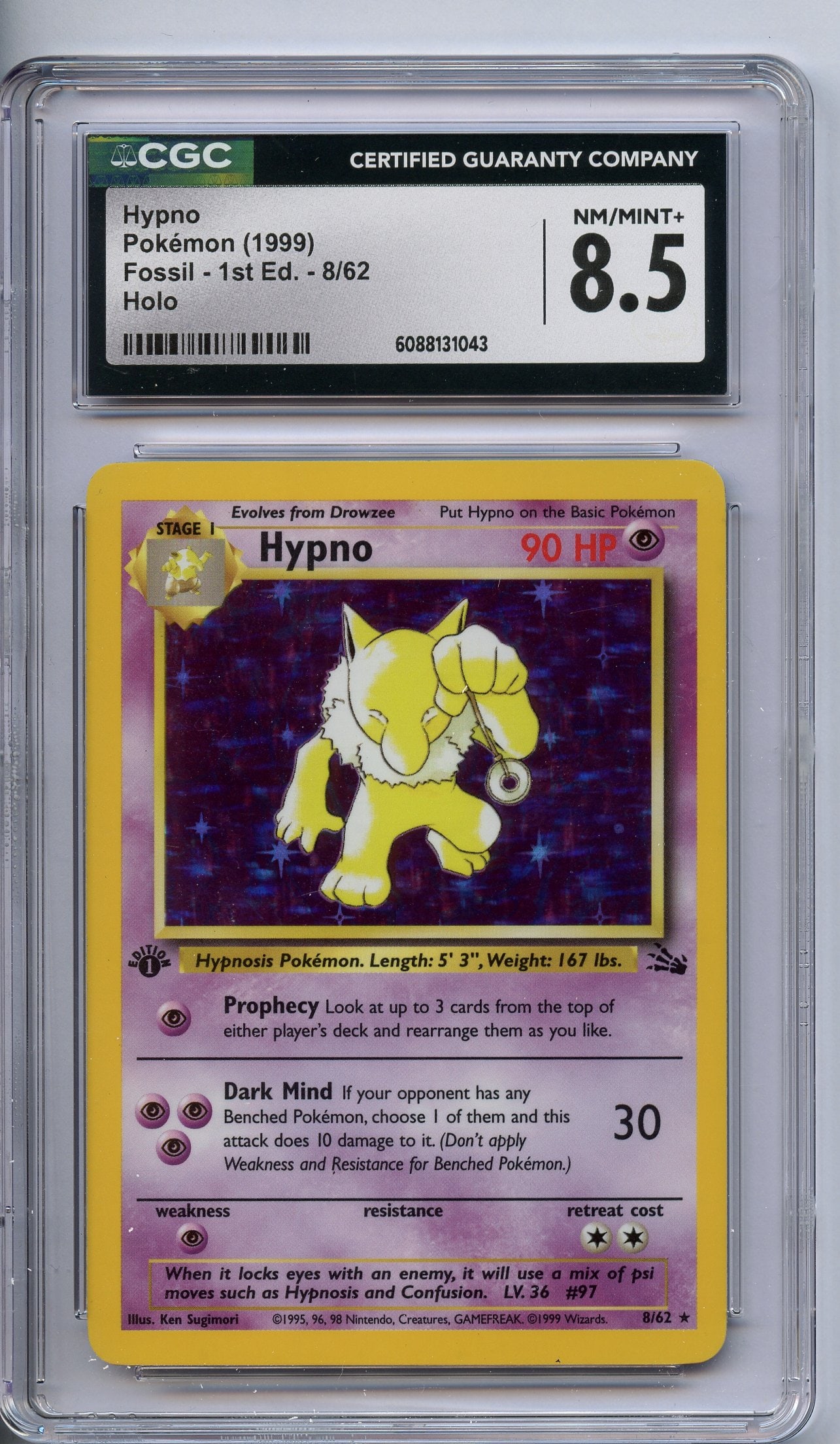 CGC 8.5 Hypno #8 1st Edition Holo- Fossil 1999: This Hypno #10 1st Edition Holo from Fossil has been graded a 8.5 (NM/MINT+) by CGC.