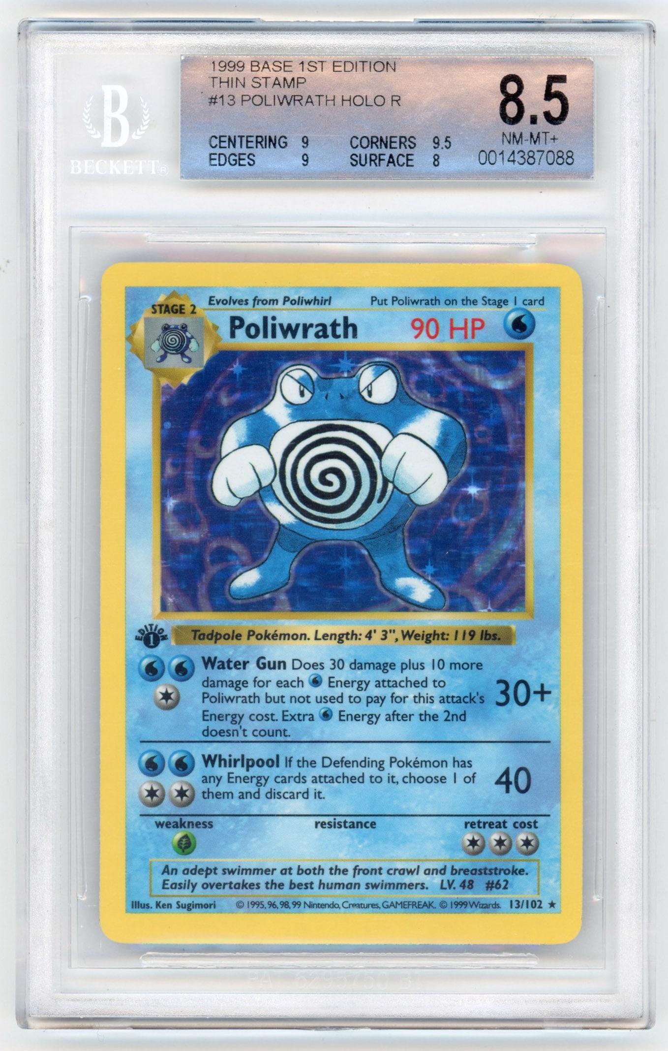BGS 8.5 Poliwrath #13 holo Base Set 1st Edition: Poliwrath #13 holo from Base Set 1st Edition, graded a NM-MT+ 8.5 by Beckett.