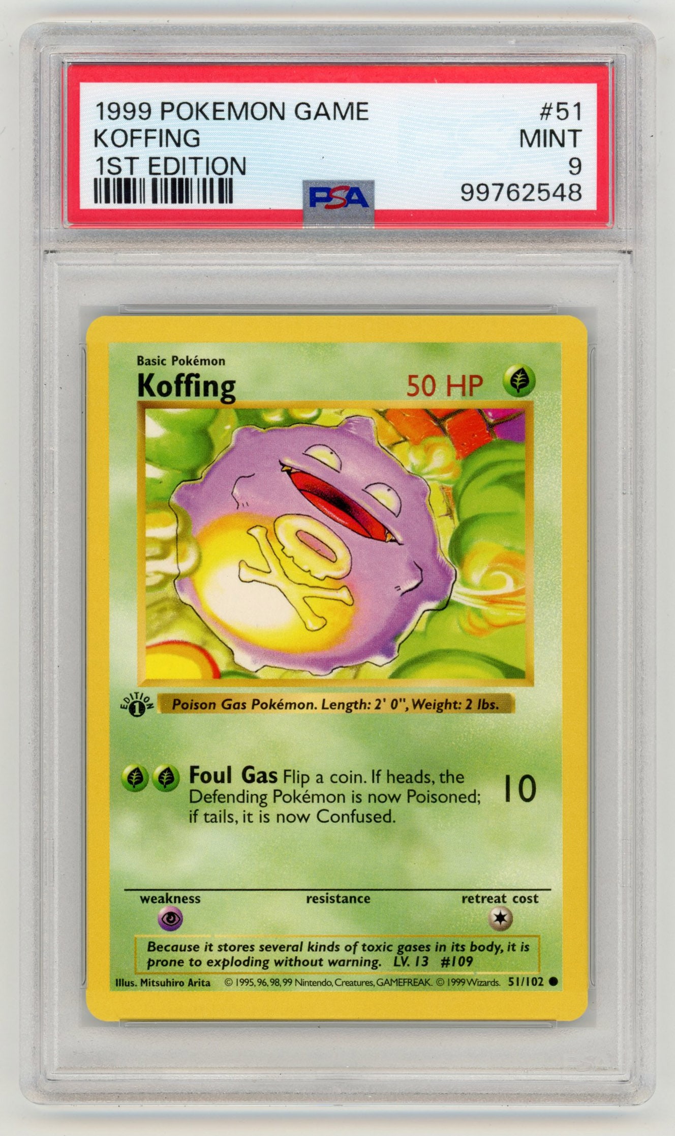 PSA 9 Koffing #51 Base Set 1st Edition: Koffing #51 from Base Set 1st Edition, graded a MINT 9 by PSA.