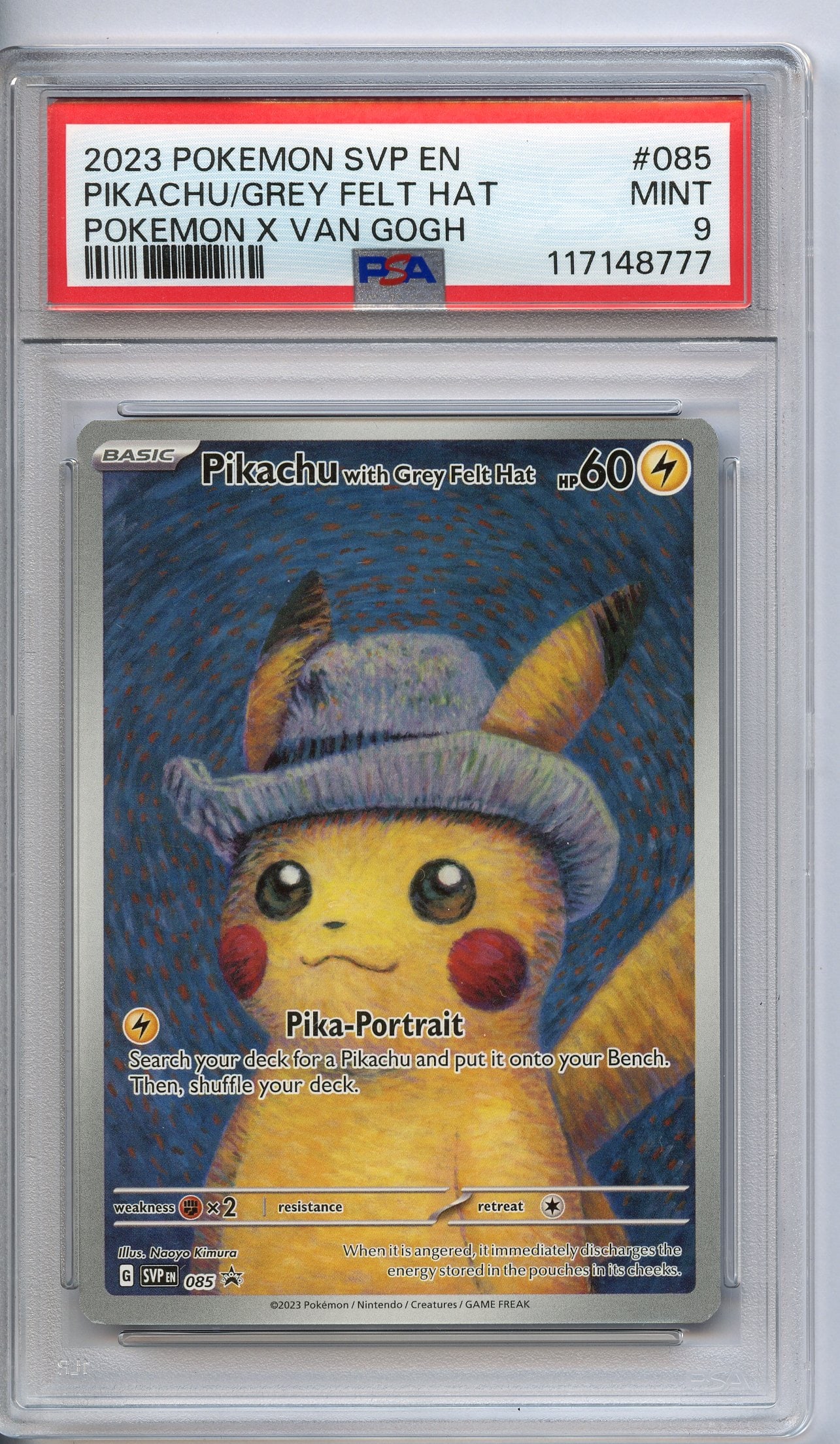 PSA 9 Pikachu with Grey Felt Hat #85 S&V; Van Gogh (2023): This card has been graded and authenticated by PSA, achieving a Mint 9.