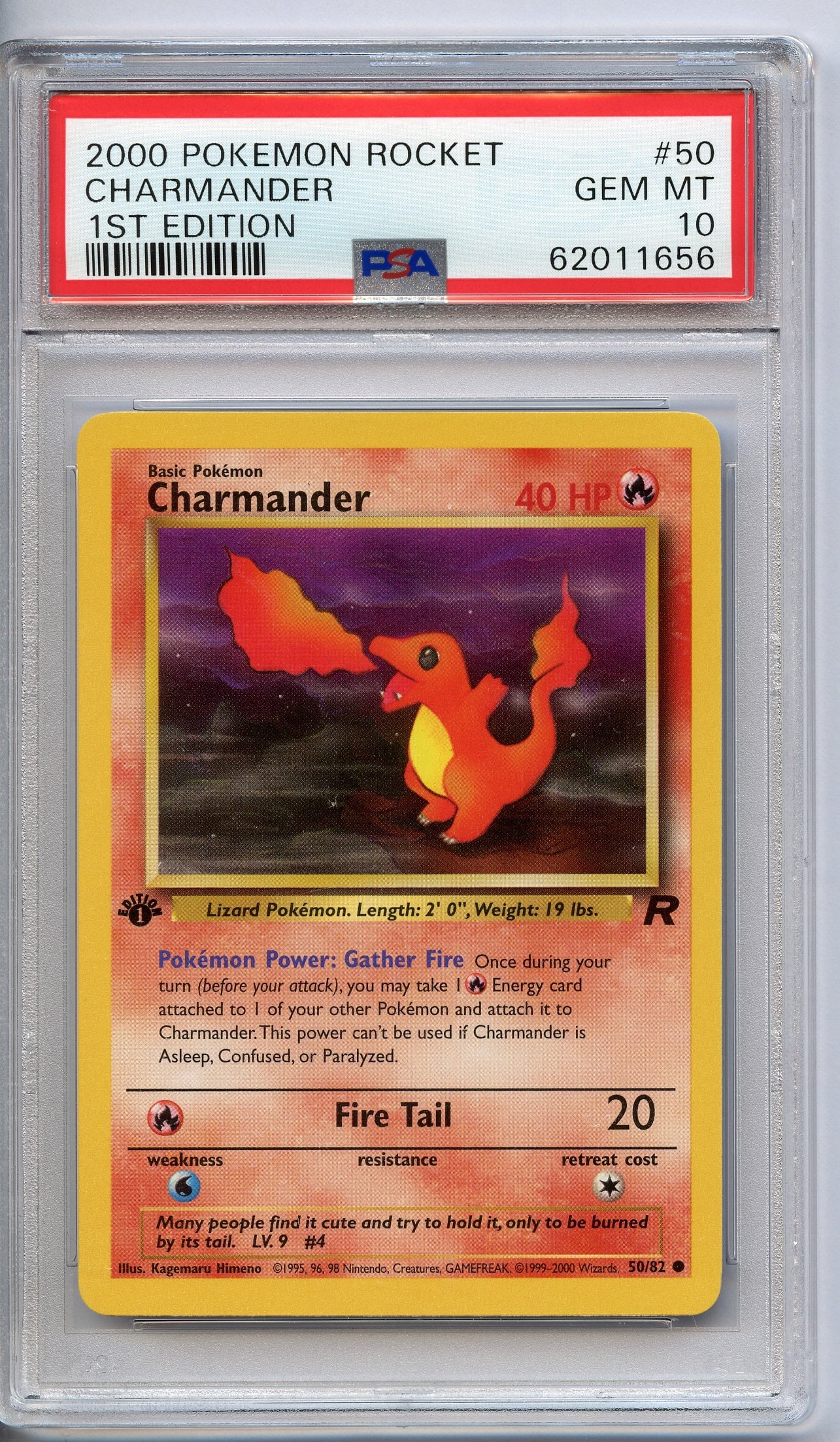 PSA 10 Charmander #50 1st Edition - Team Rocket 2000: A Charmander #50 1st Edition from Team Rocket, graded and authenticated by PSA achieving a Gem Mint 10.